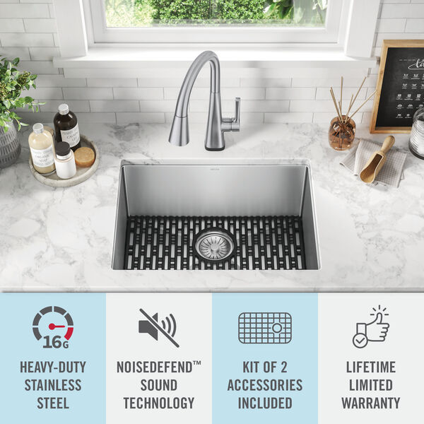 Beschrijving Idioot cowboy 24” Undermount Stainless Steel Single Bowl Laundry Utility Kitchen Sink  with Accessories in Stainless Steel 953034-24SL-SS | Delta Faucet