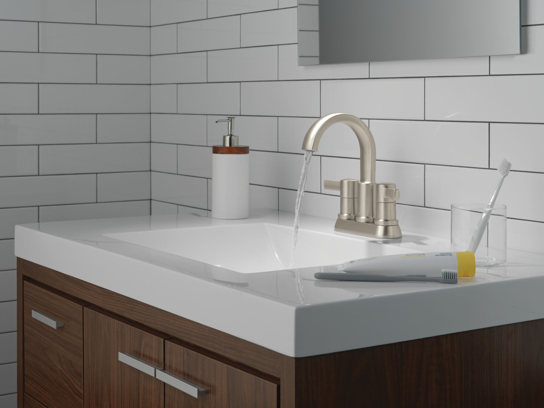 Two Handle Centerset Bathroom Faucet in Spotshield Brushed Nickel
