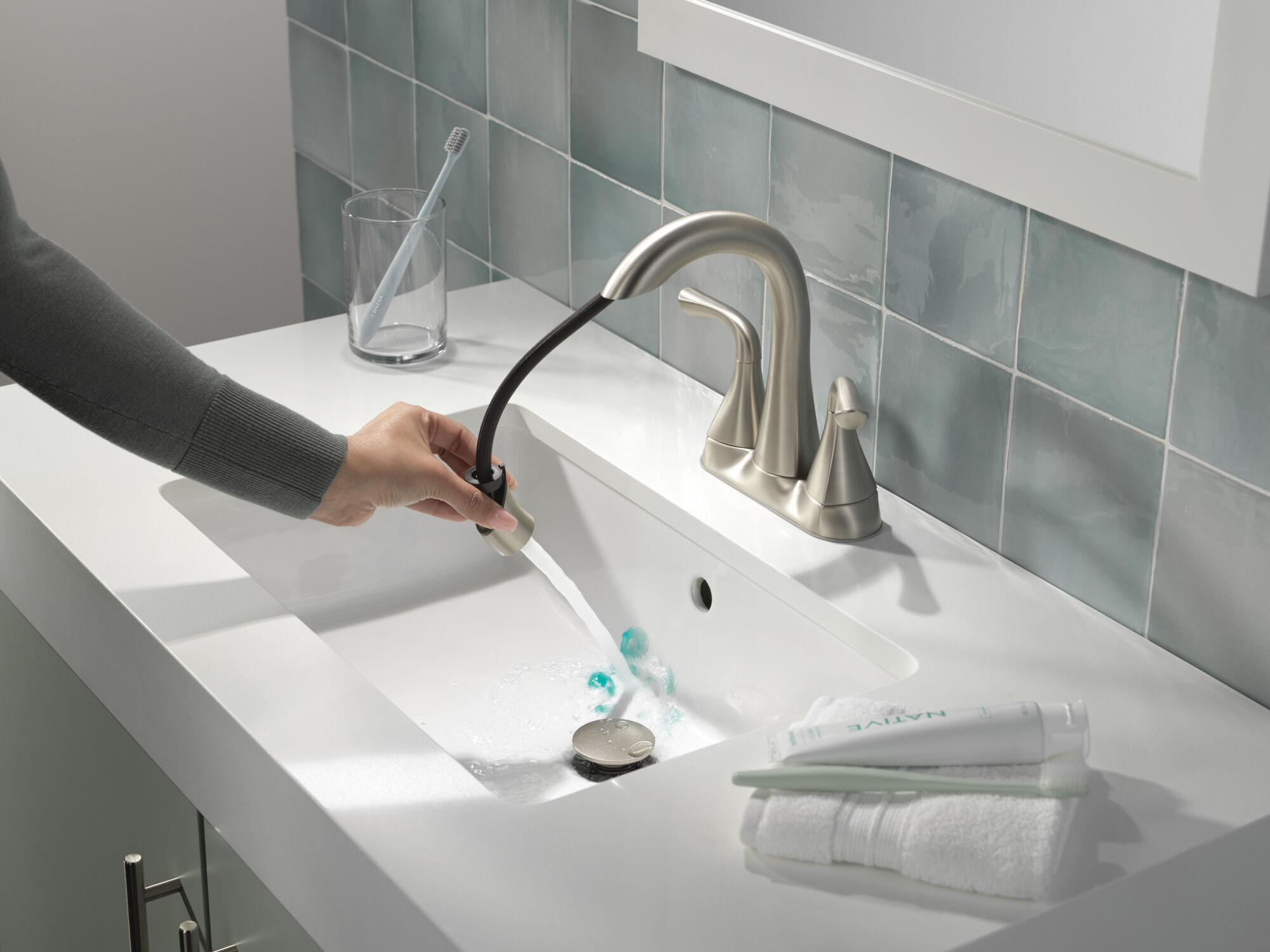 Two Handle Centerset Pull-Down Bathroom Faucet in Spotshield
