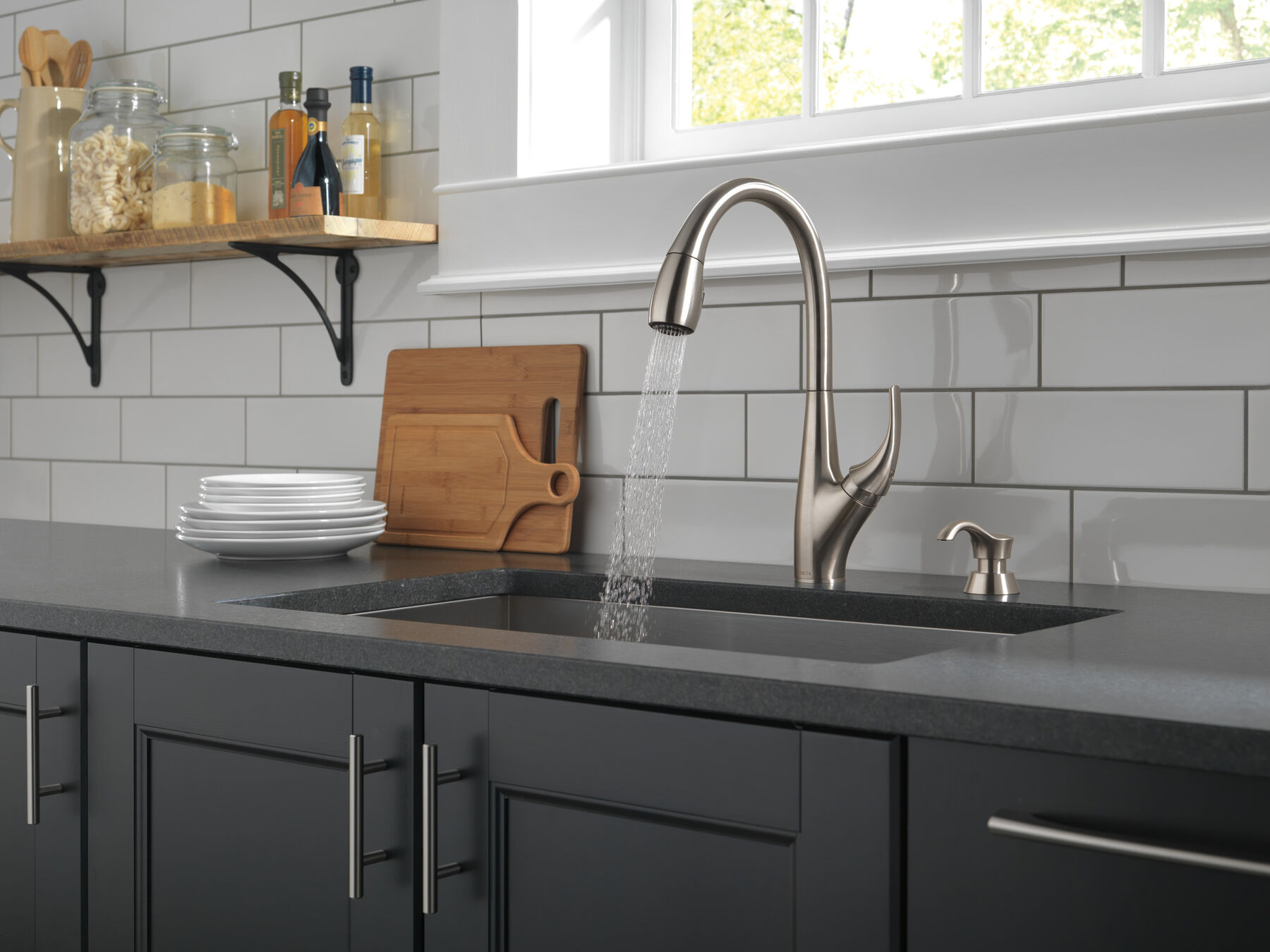 Single Handle PullDown Kitchen Faucet with Soap Dispenser and