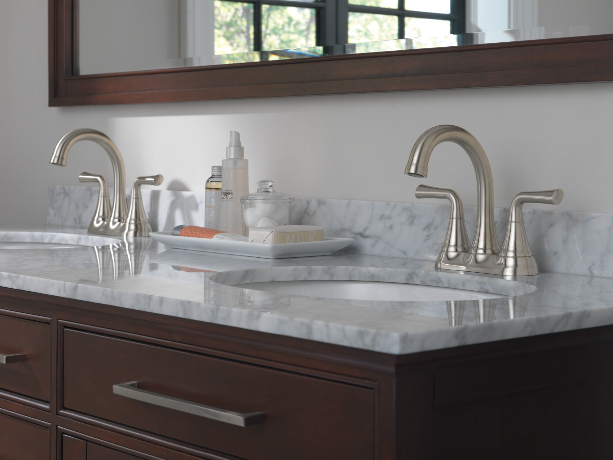 Two Handle Tract-Pack Centerset Bathroom Faucet in Stainless