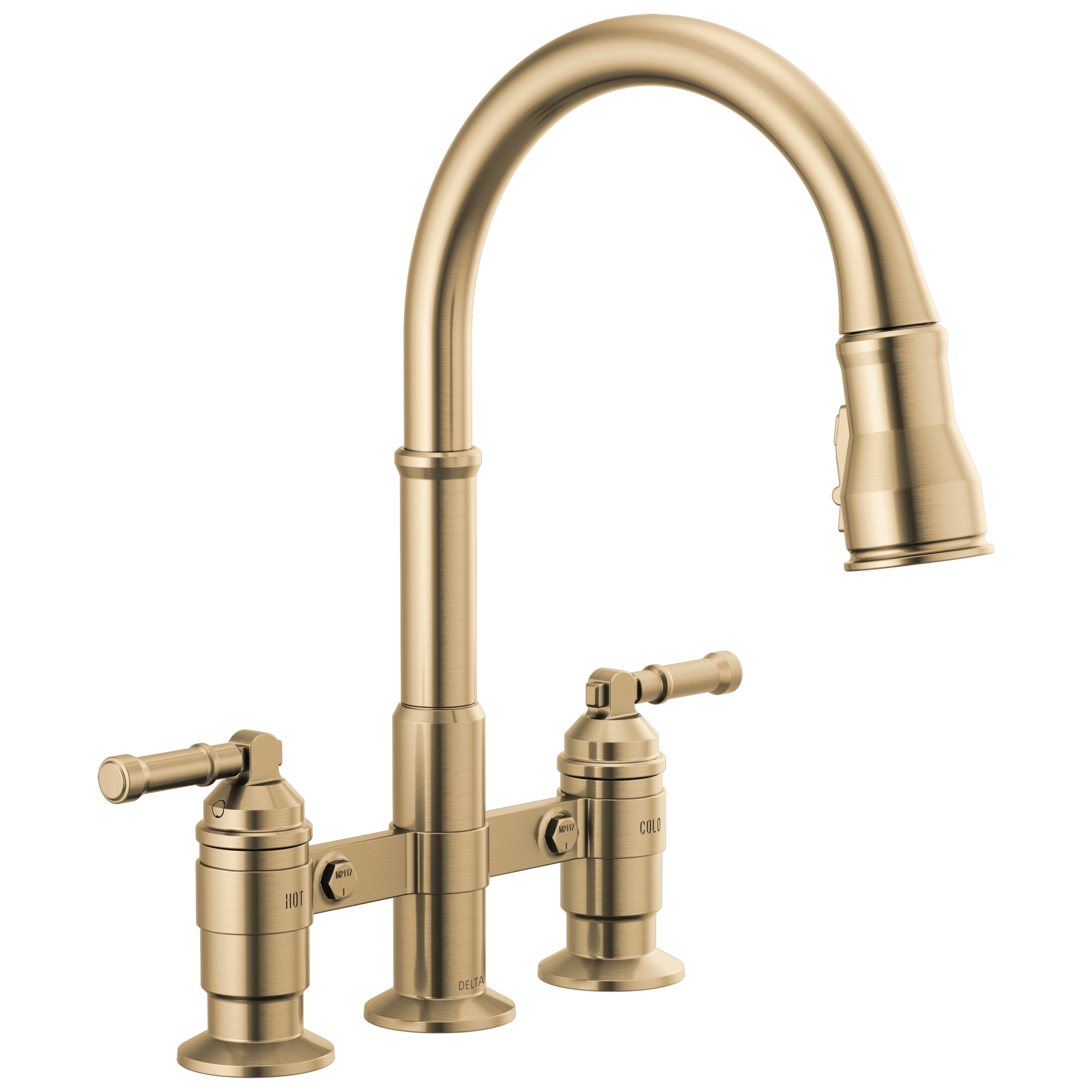 BroderickE Two Handle Pull-Down Bridge Kitchen Faucet - Champagne Bronze