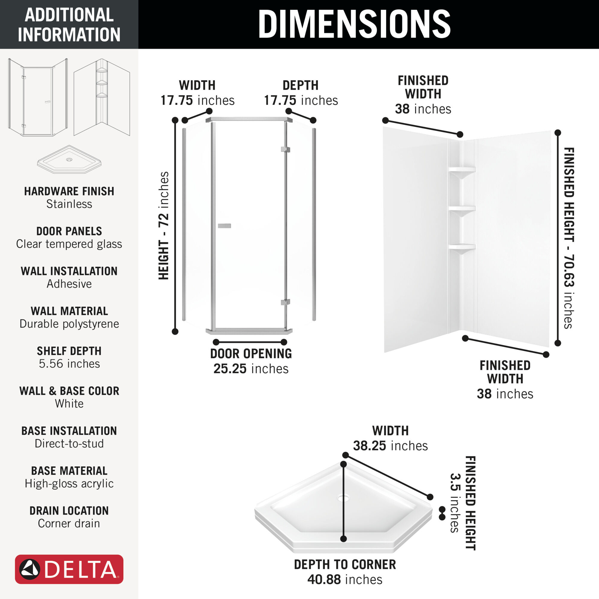 38x38 Corner Shower Bundle with Door - Frameless Neo with Glue Up