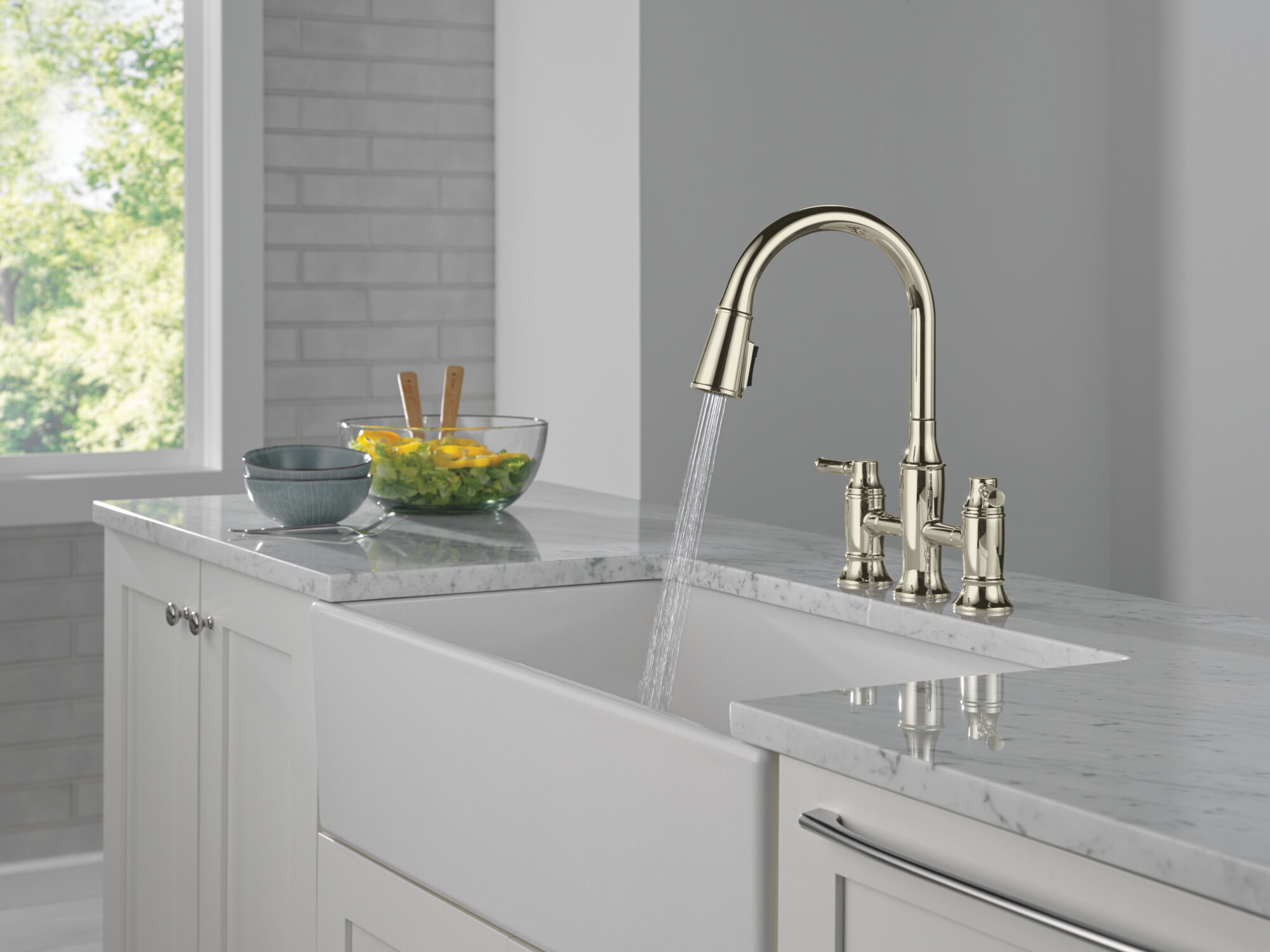 Two Handle Pull-Down Bridge Kitchen Faucet in Lumicoat® Polished