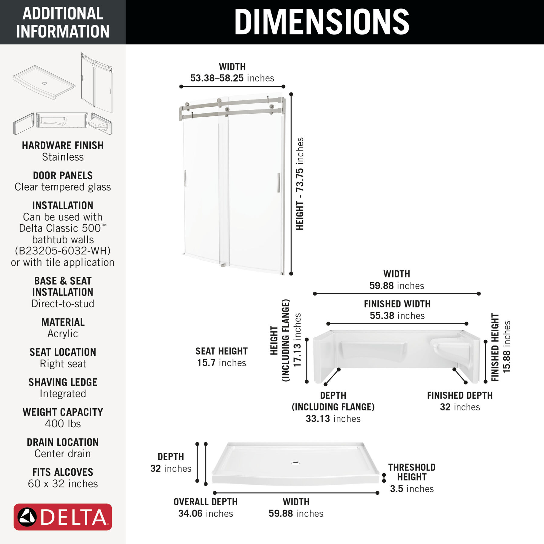 60x32 Alcove Shower Base with Door Bundle - Right Seat Center Drain Curve, image 1