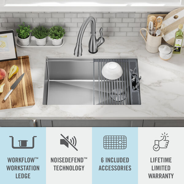 27” Workstation Kitchen Sink Undermount Stainless Steel Single Bowl with  WorkFlow™ Ledge and Accessories in Stainless Steel 95B932-27S-SS Delta  Faucet
