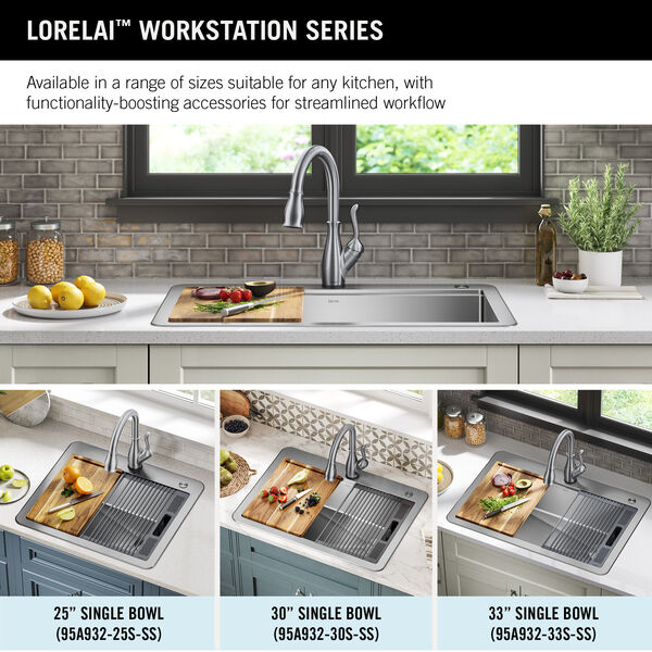 25” Workstation Kitchen Sink Drop-In Top Mount Stainless Steel Single Bowl  with WorkFlow™ Ledge and Accessories in Stainless Steel 95A932-25S-SS Delta  Faucet