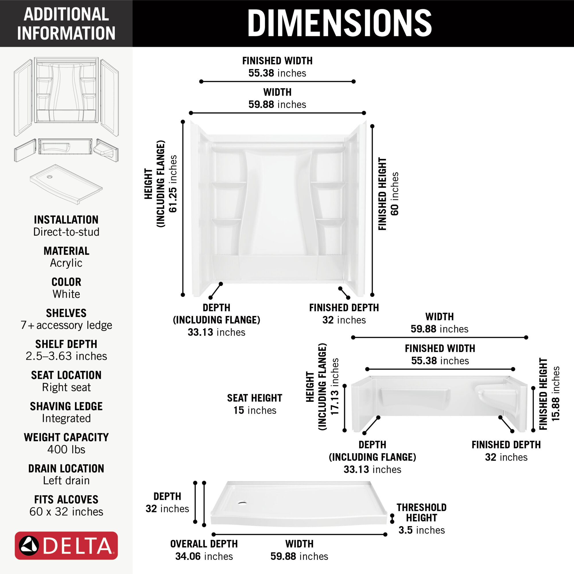 60x32 Alcove Shower Bundle - Right Seat Left Drain Curve in High