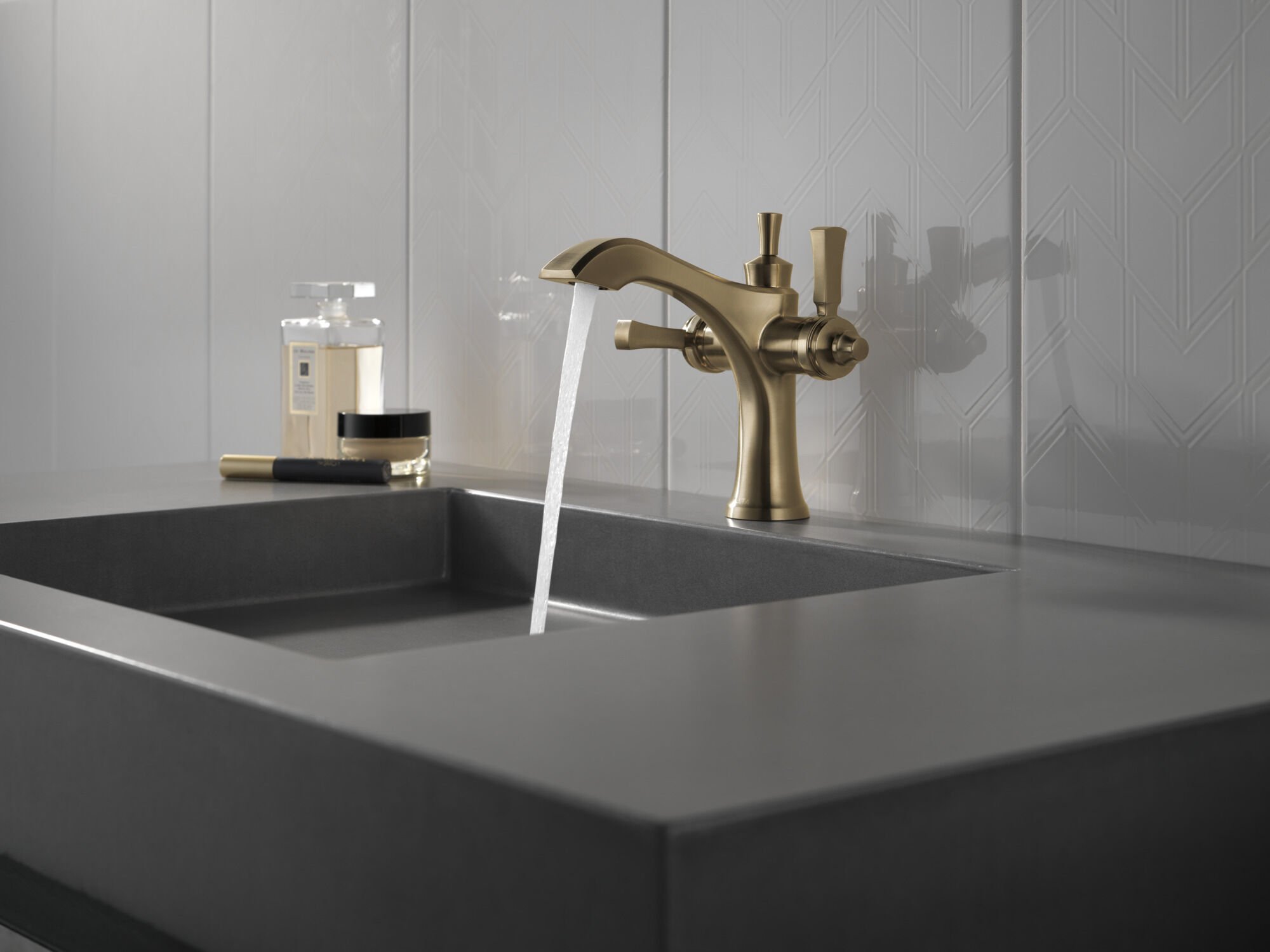 Two Handle Single Hole Monoblock Bathroom Faucet in Champagne