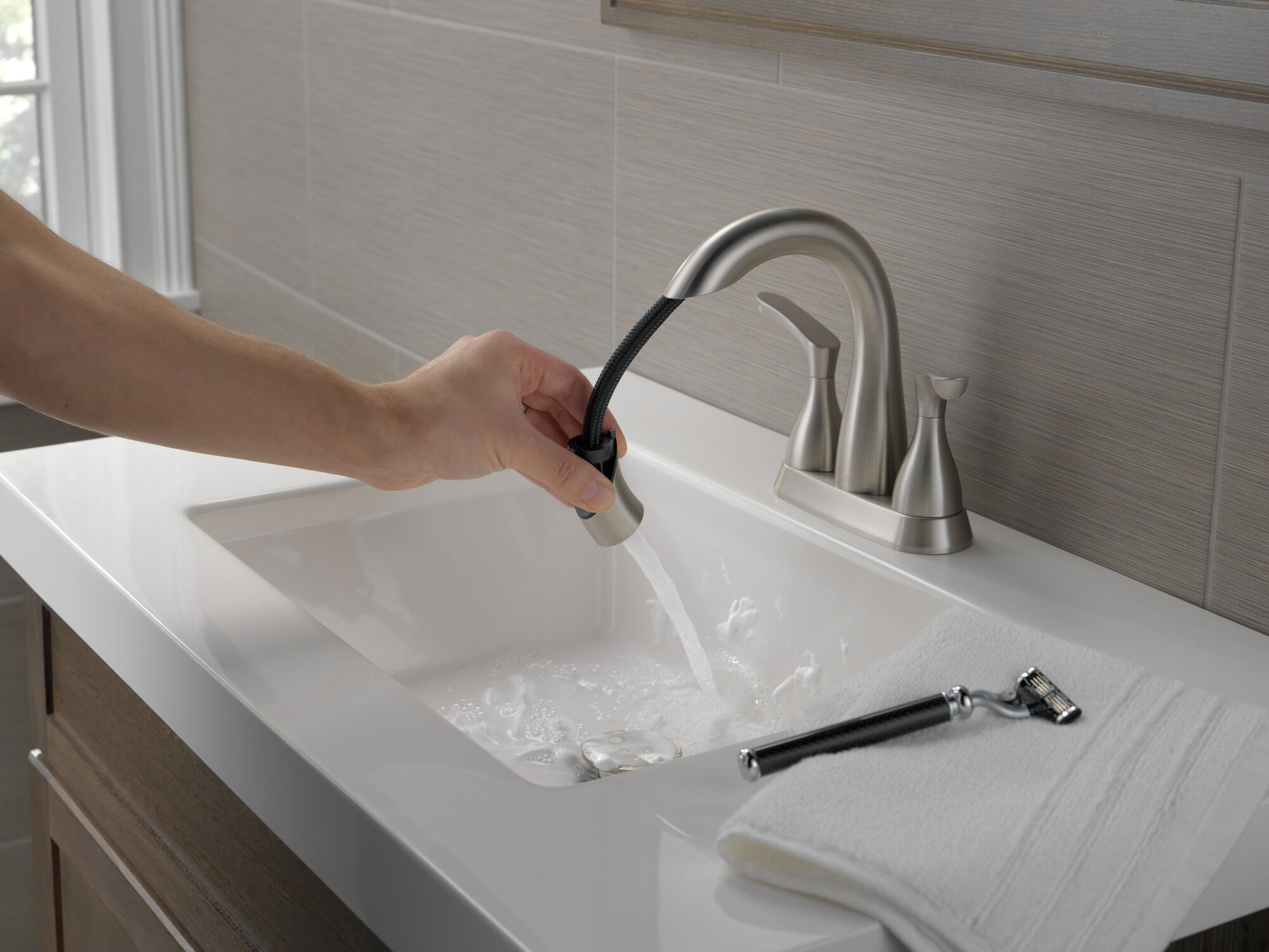 Two Handle Centerset Pull-Down Bathroom Faucet in Spotshield