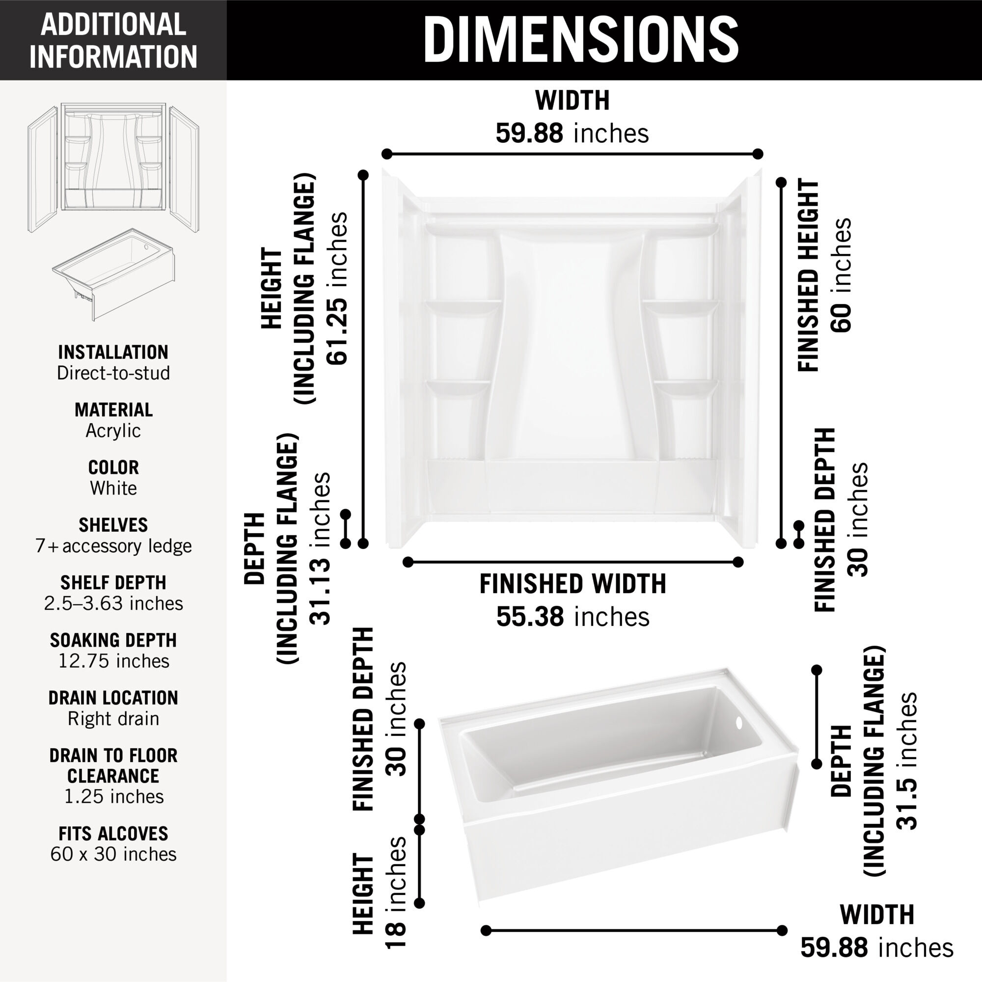 60x30 Alcove Bathtub Bundle - Right in High Gloss White BVS2-C512