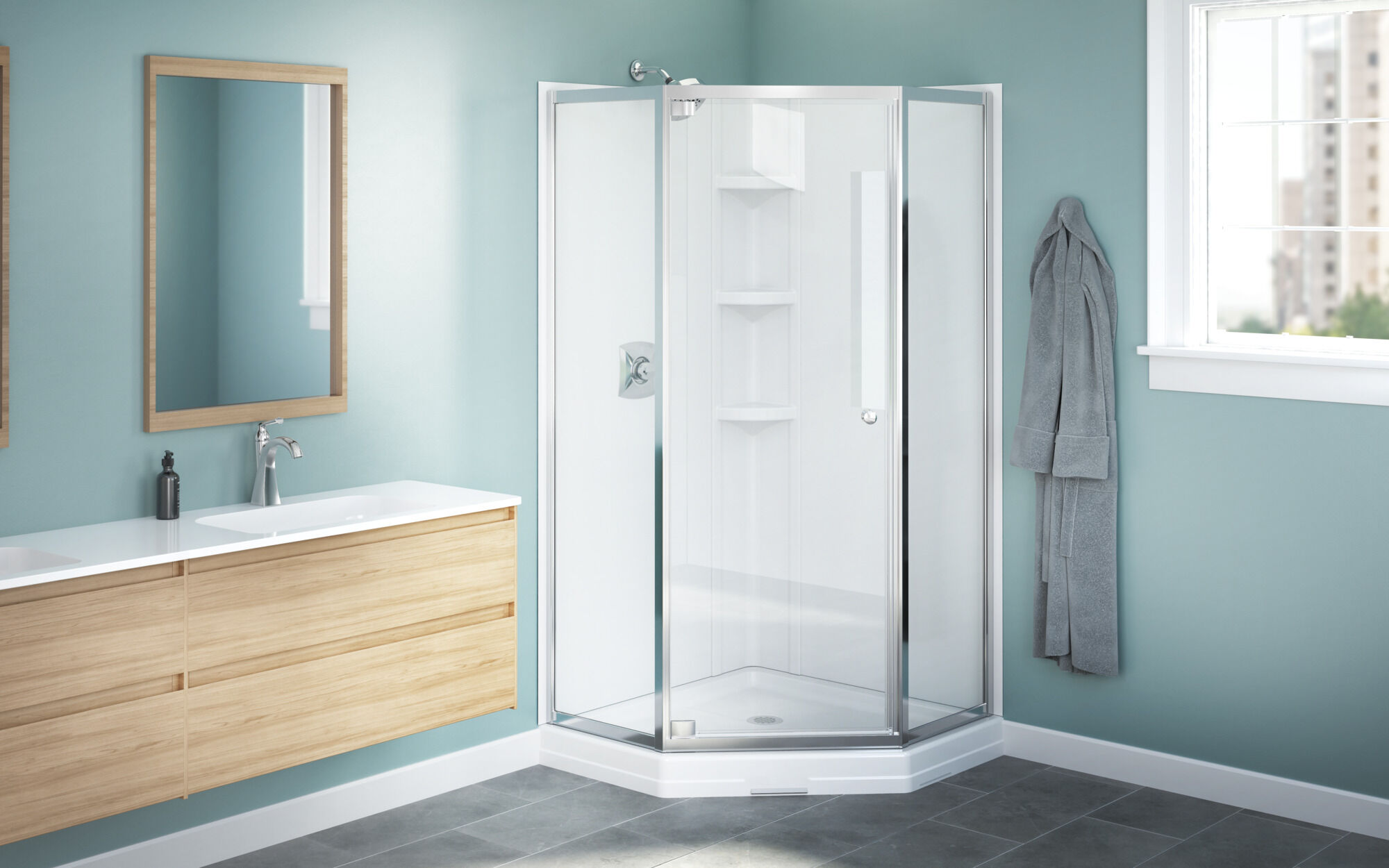 38x38 Corner Shower Bundle with Door - Framed Neo with Glue Up