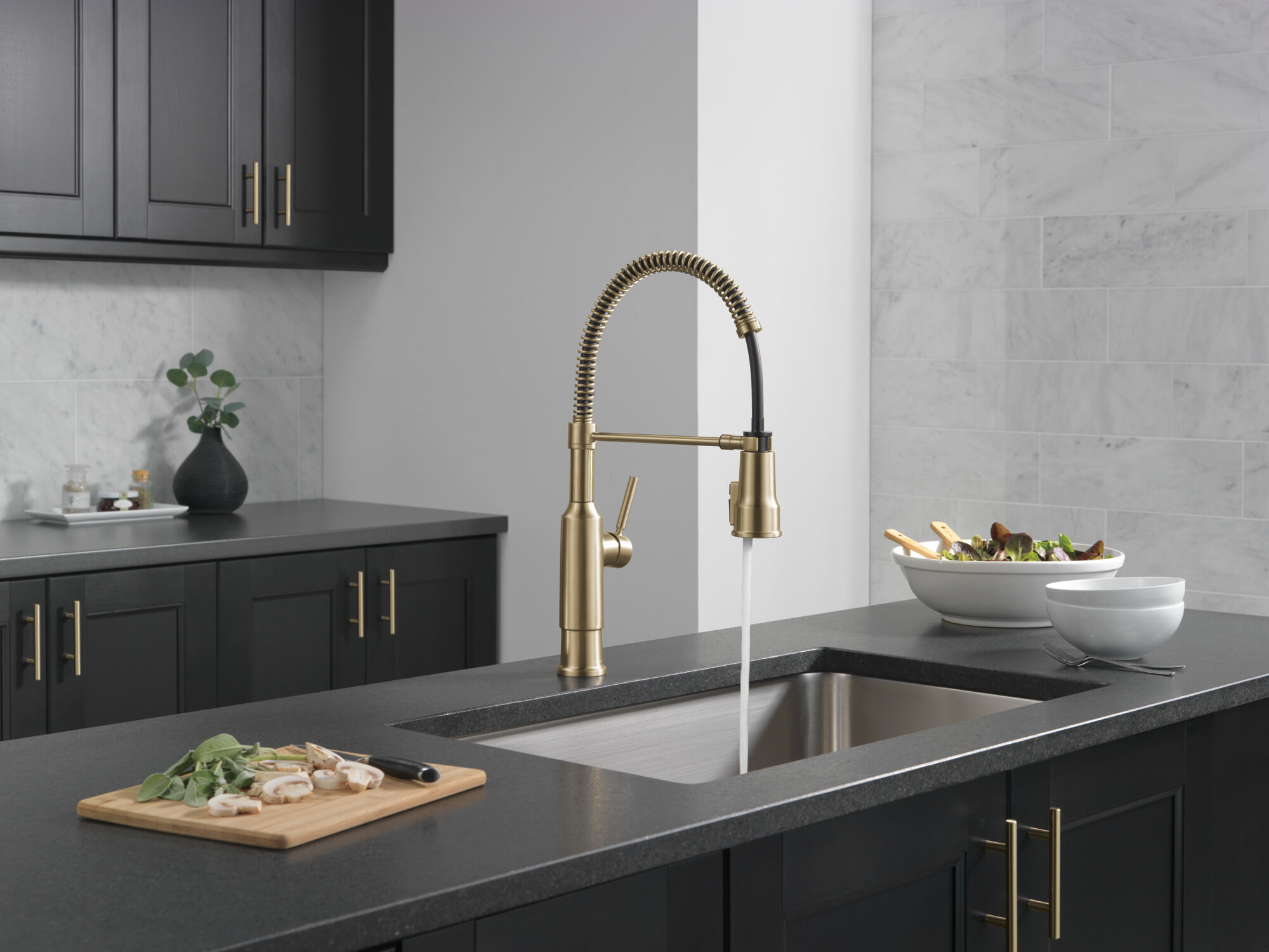 Single-Handle Pull-Down Spring Kitchen Faucet in Champagne Bronze