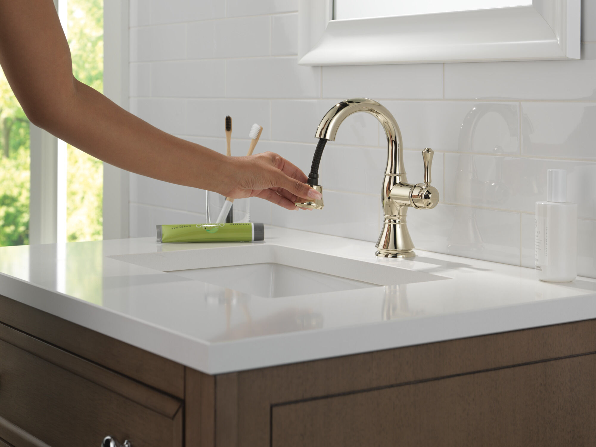 Single Handle Pull Down Bathroom Faucet in Polished Nickel 597