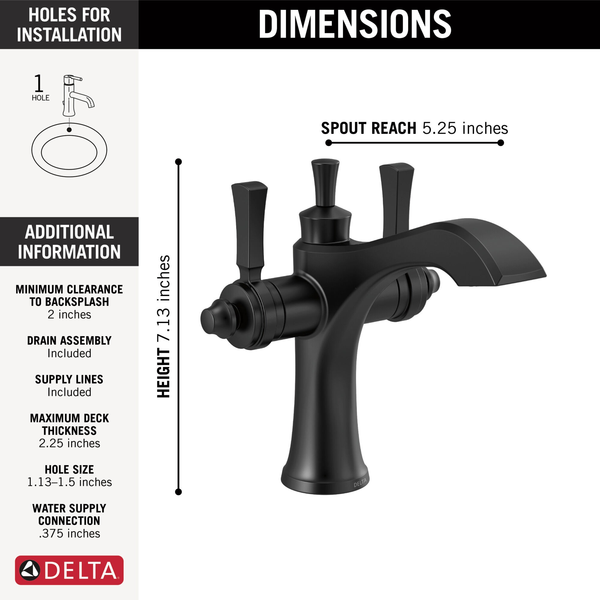 Two Handle Single Hole Monoblock Bathroom Faucet in Matte Black