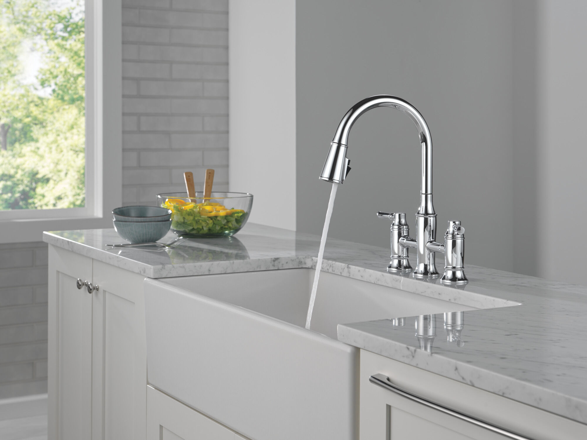 Two Handle Pull-Down Bridge Kitchen Faucet in Lumicoat® Chrome