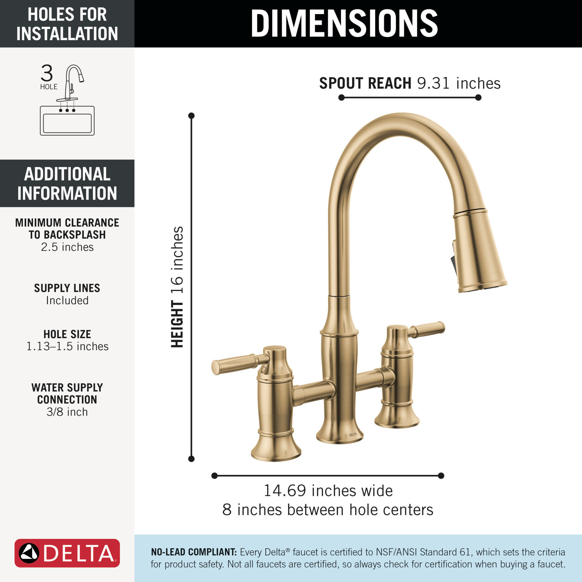 【専用】KAEDE PLUS　超薄メタル　コンペ　ゴールド 4ダース Two Handle Pull-Down Bridge Kitchen Faucet in Lumicoat® Champagne