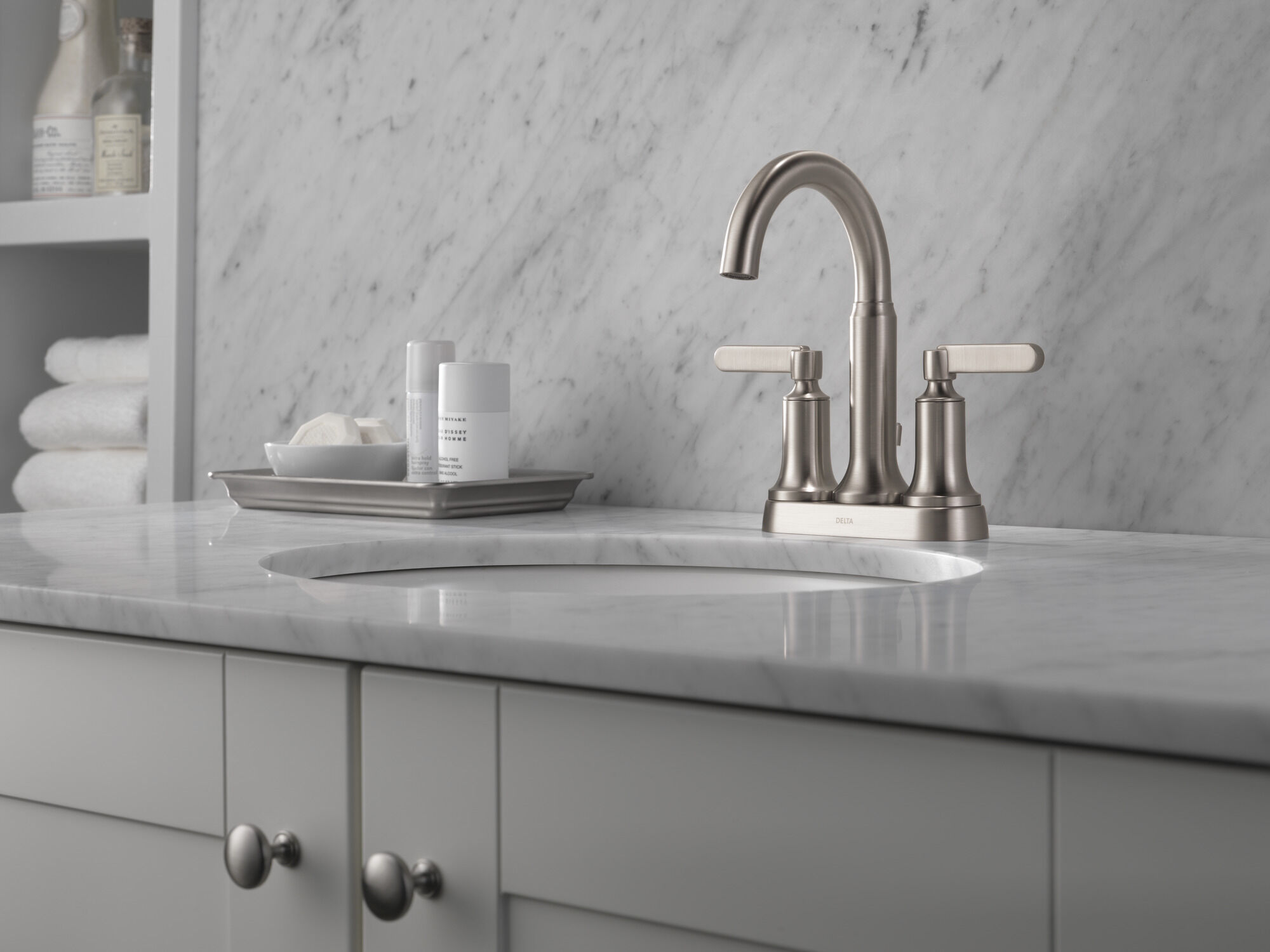 Two Handle Centerset Bathroom Faucet in Spotshield Brushed Nickel