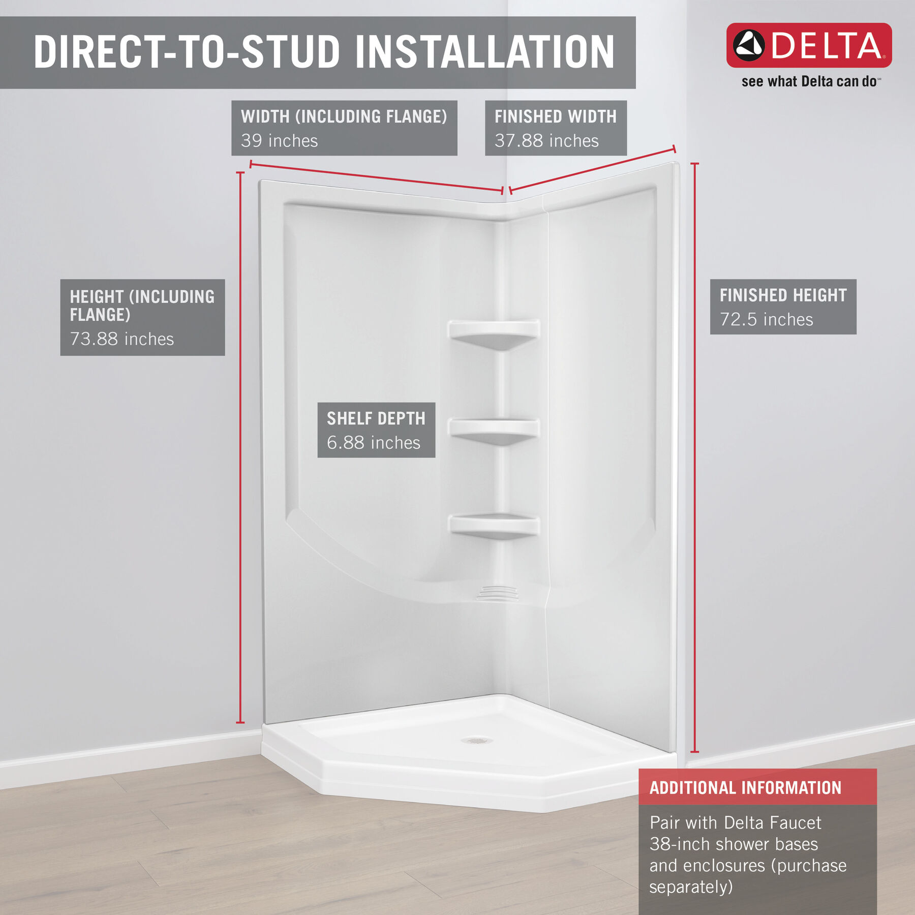 38'' DirecttoStud Corner Shower Wall Set in High Gloss White B67916