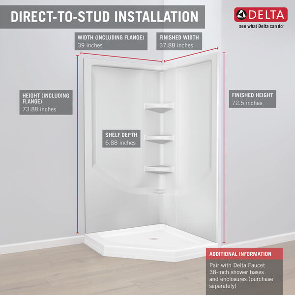 38'' DirecttoStud Corner Shower Wall Set in High Gloss White B67916