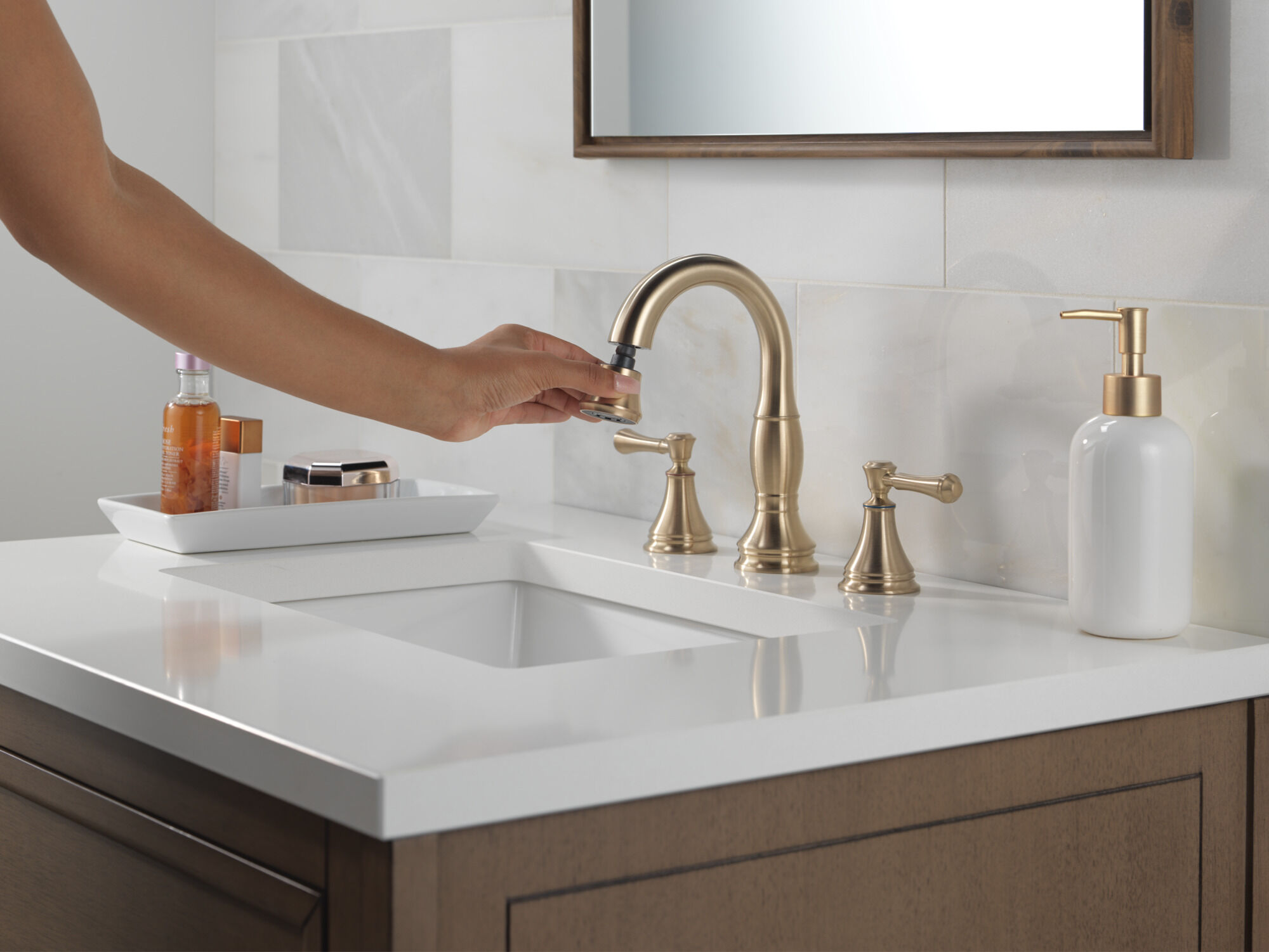 Two Handle Widespread Pull Down Bathroom Faucet in Champagne