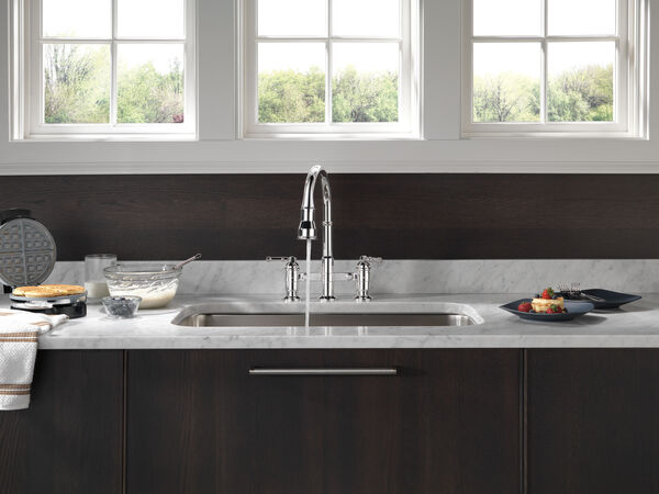 Two Handle Pull-Down Bridge Kitchen Faucet in Black Stainless ...