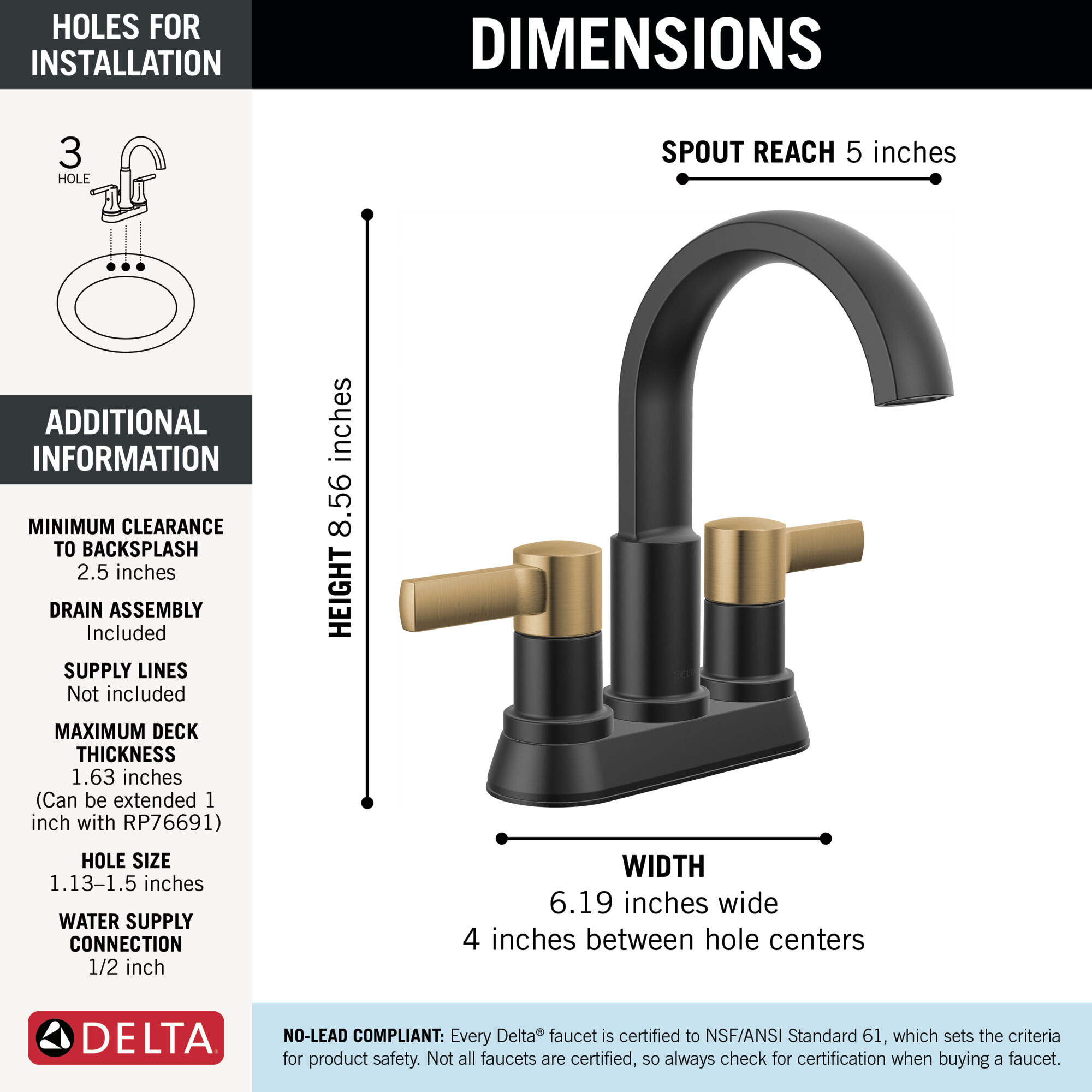 Two Handle Centerset Bathroom Faucet in Matte Black / Champagne