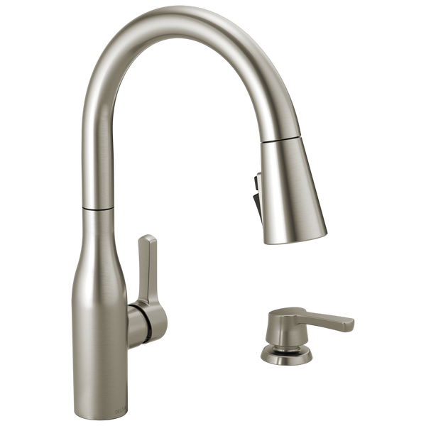 single handle pull down kitchen faucet with soap dispenser and shieldspray technology 19780z spsd dst delta faucet
