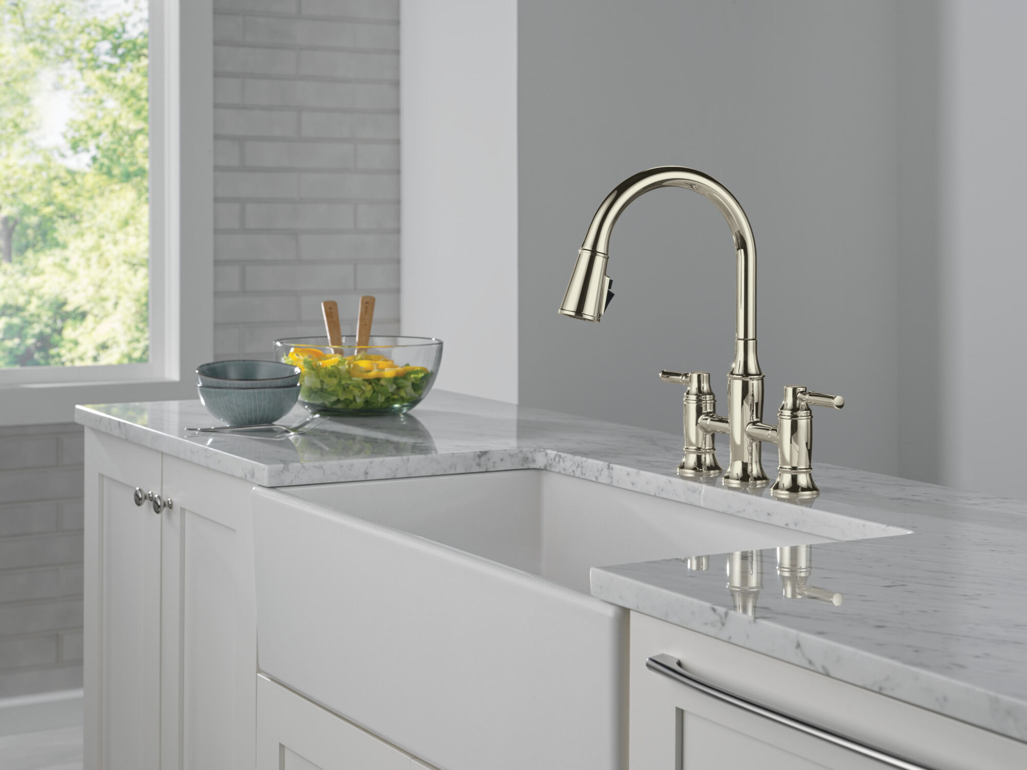 Two Handle Pull-Down Bridge Kitchen Faucet in Lumicoat® Polished