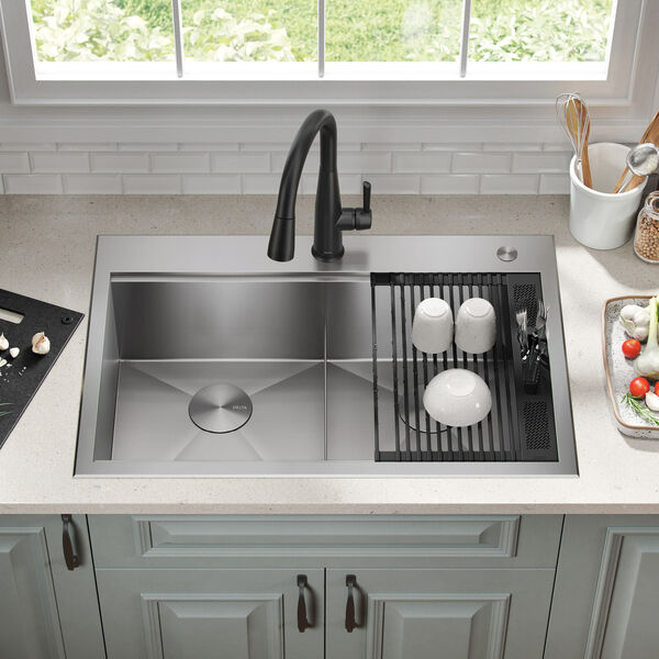 33” Workstation Kitchen Sink Drop-In Top Mount 16 Gauge Stainless Steel  50/50 Double Bowl with WorkFlow™ Ledge and Accessories in Stainless Steel  95A931-33D-SS Delta Faucet