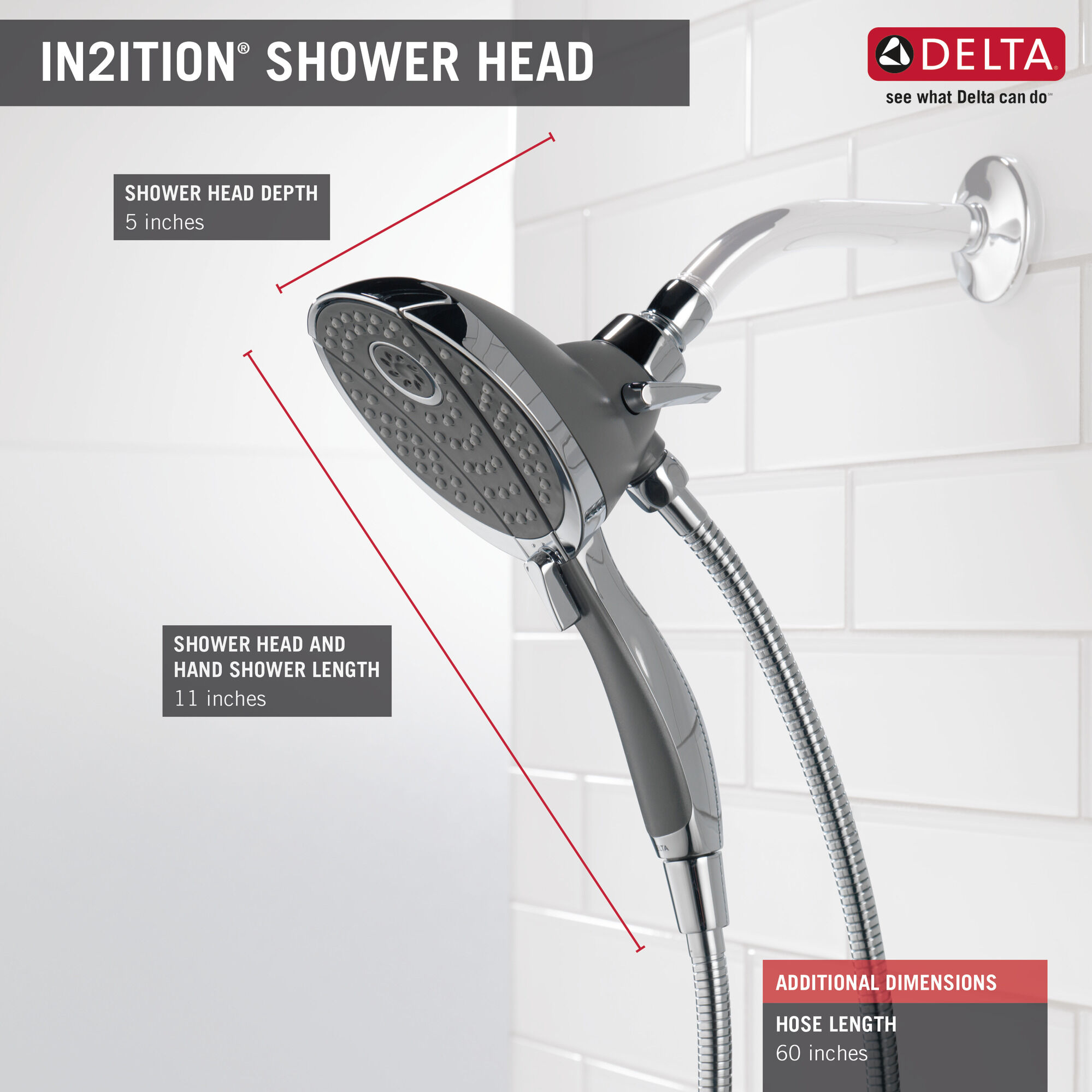 Chrome 58467 Delta Faucet 4-Spray In2ition 2-in-1 Dual Hand Held Shower Head with Hose 