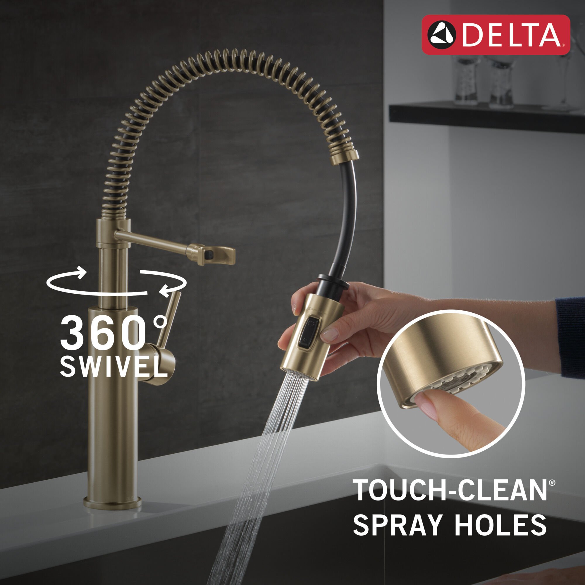 Single-Handle Pull-Down Spring Kitchen Faucet in Champagne Bronze