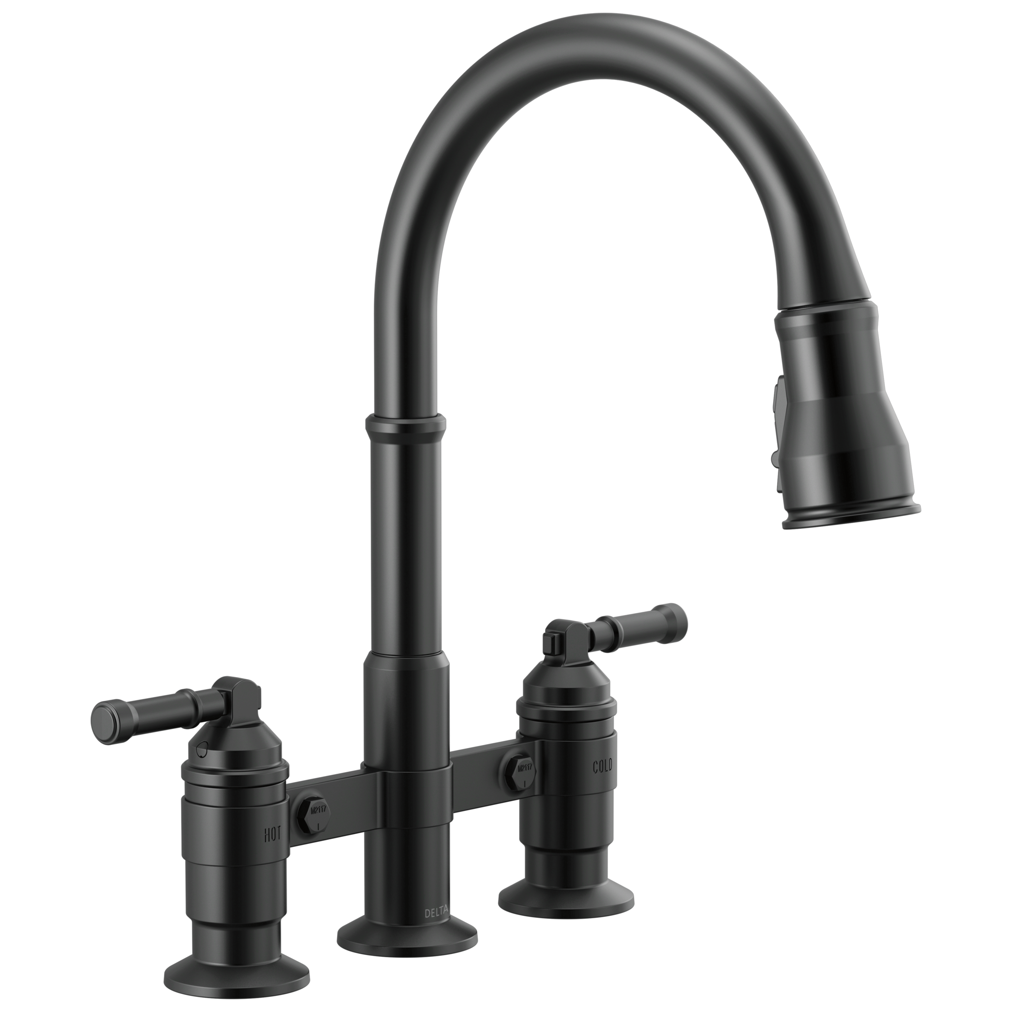 BroderickE Two Handle Pull-Down Bridge Kitchen Faucet - Matte Black