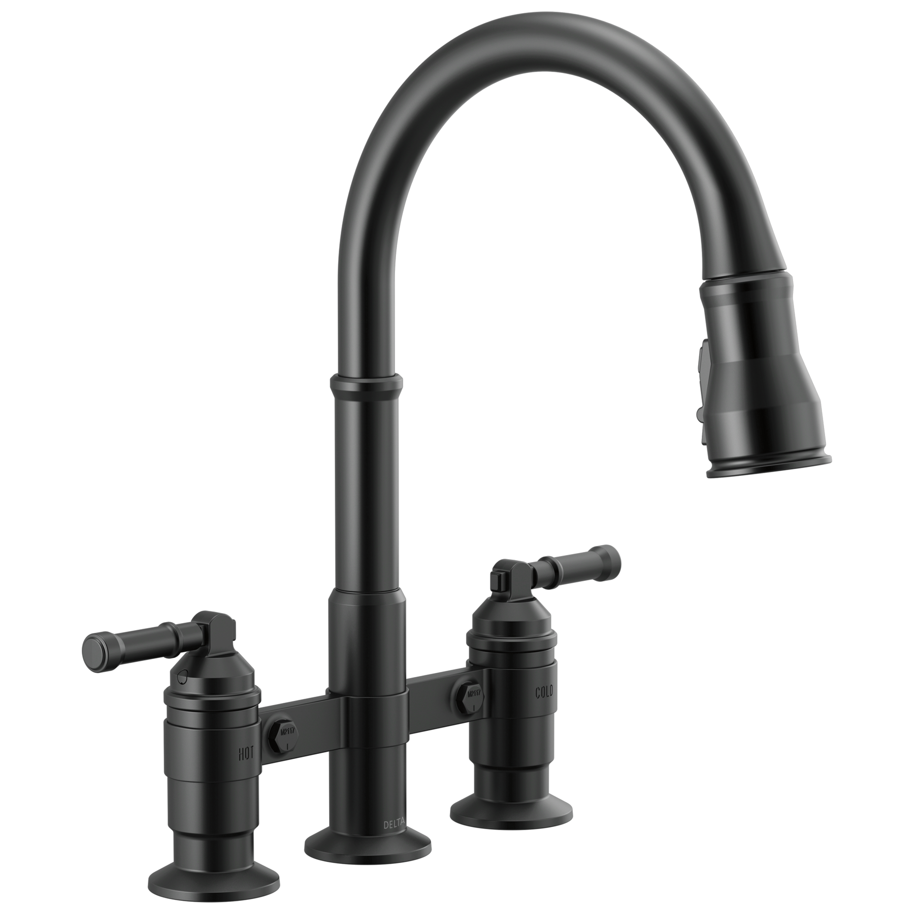 Two Handle Pull-Down Bridge Kitchen Faucet in Matte Black 2390L-BL