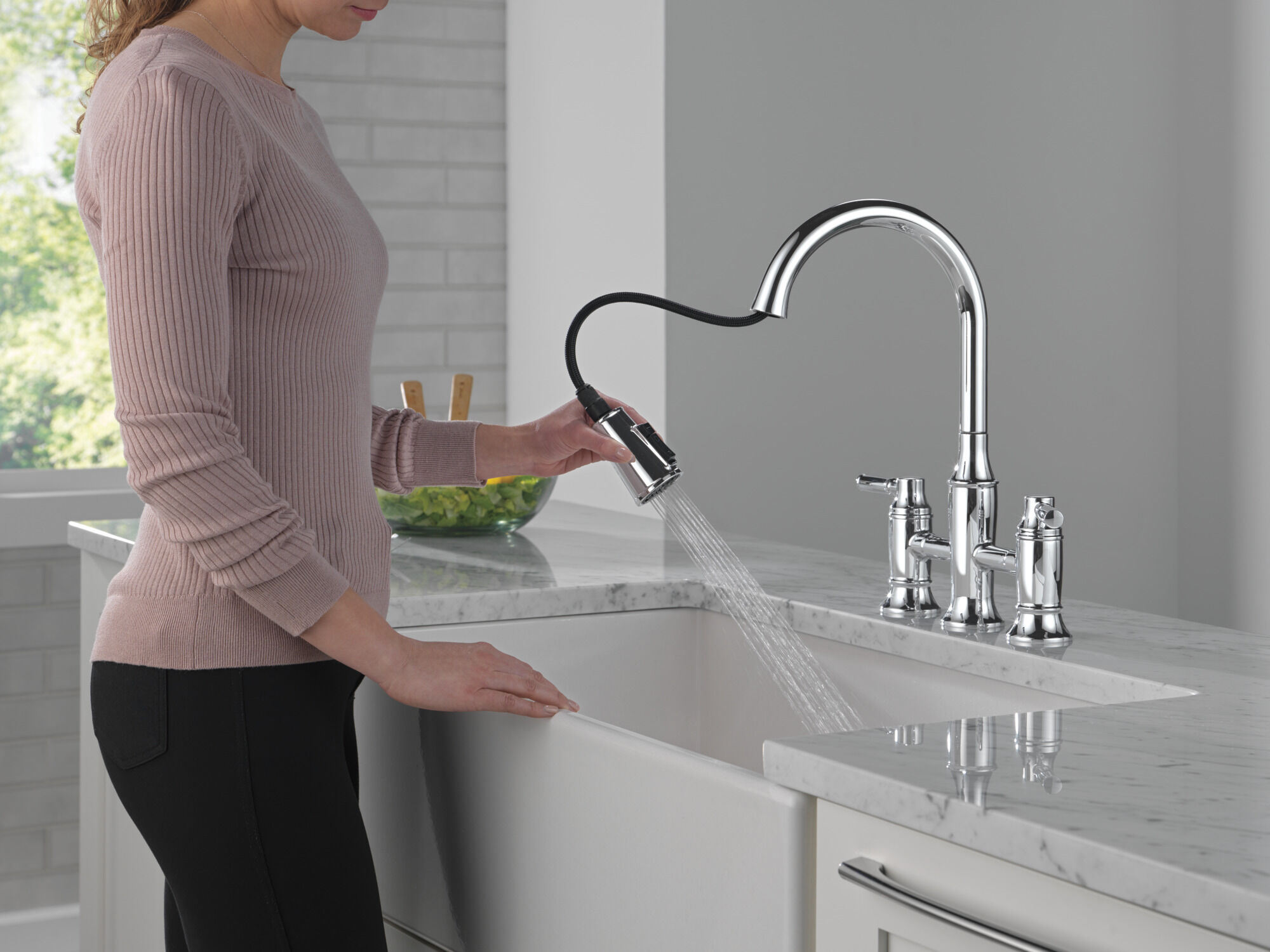 Two Handle Pull-Down Bridge Kitchen Faucet in Lumicoat® Chrome