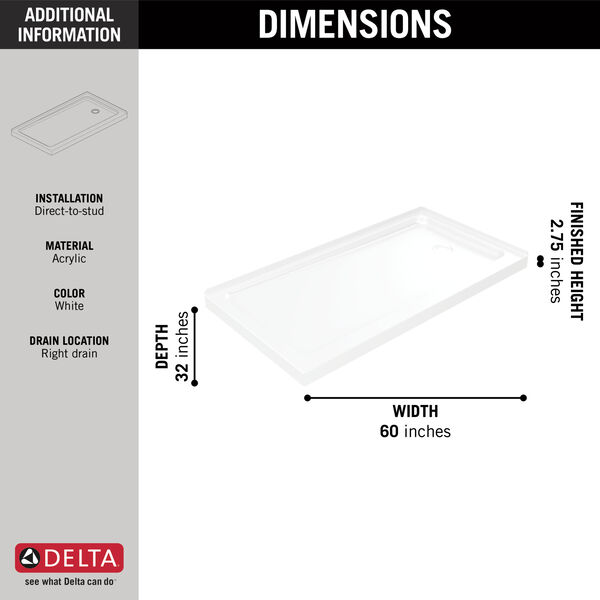60”x32” Right Drain Corner Shower Base in High Gloss White B111426032R