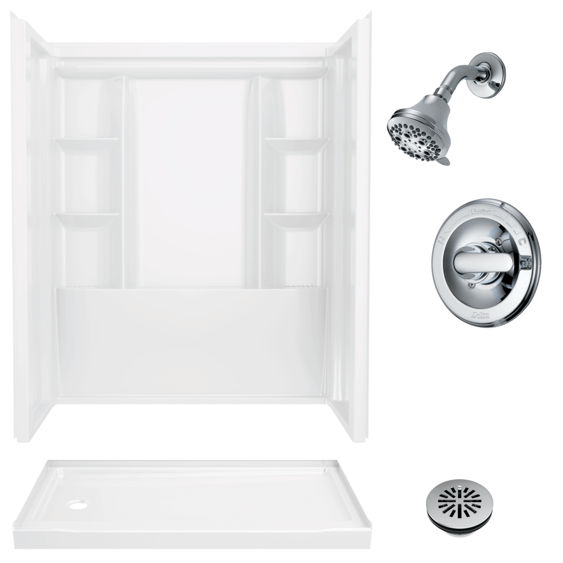 60x32 Alcove Shower Bundle with Trim and Drain - Left Drain in