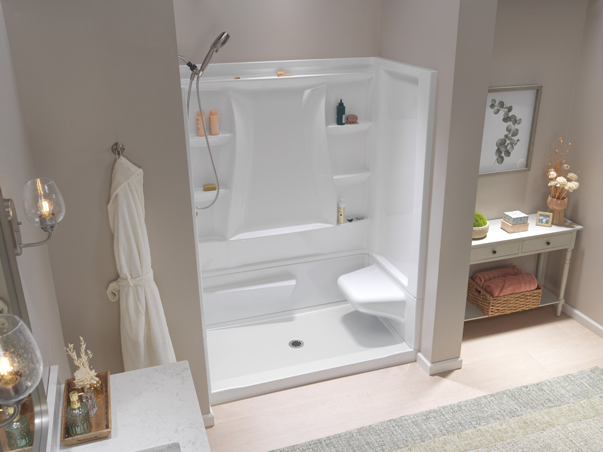 60x32 Alcove Shower Bundle - Right Seat Center Drain in High Gloss