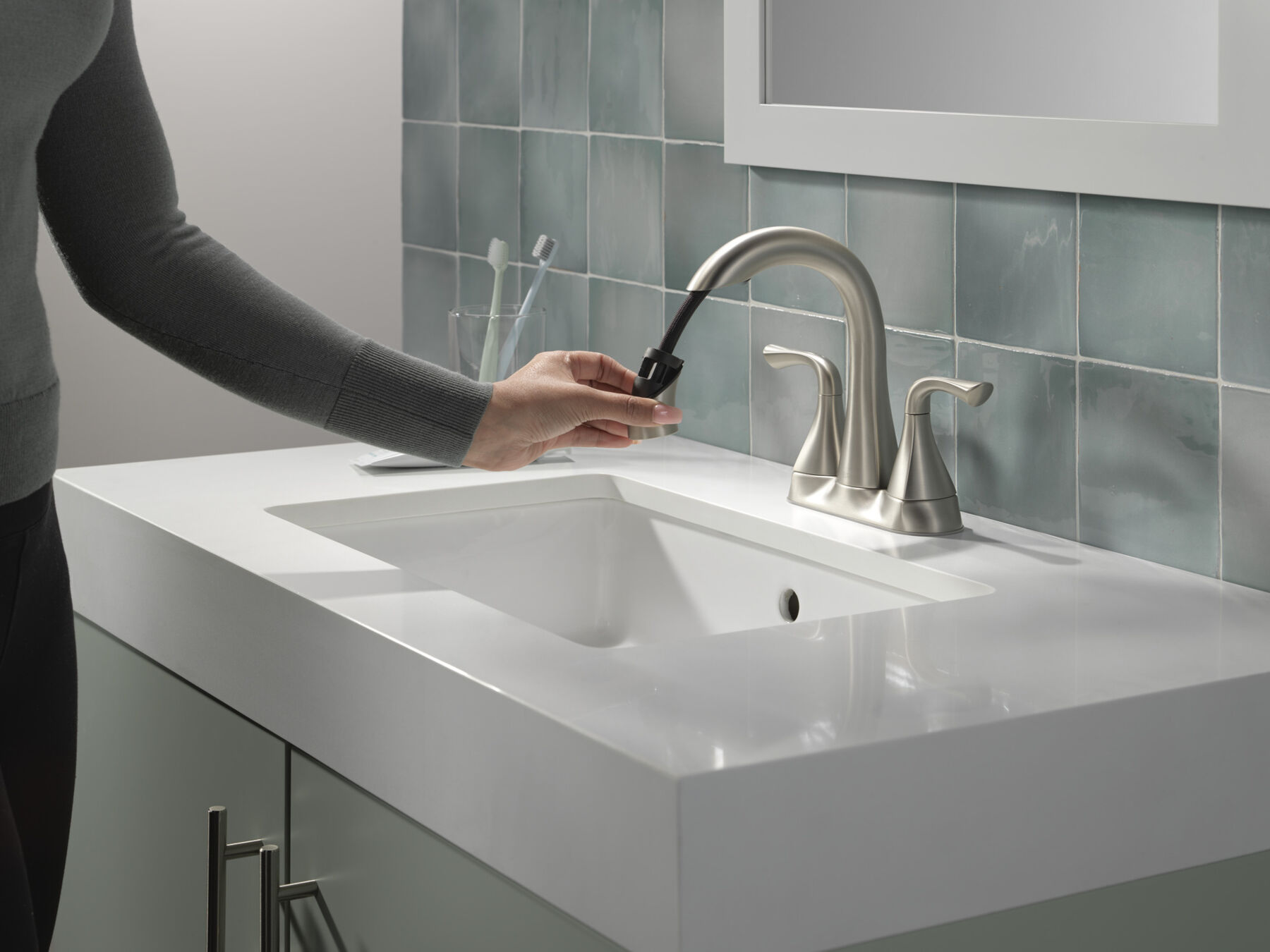 Two Handle Centerset Pull-Down Bathroom Faucet in Spotshield Brushed Nickel — thumbnail 3