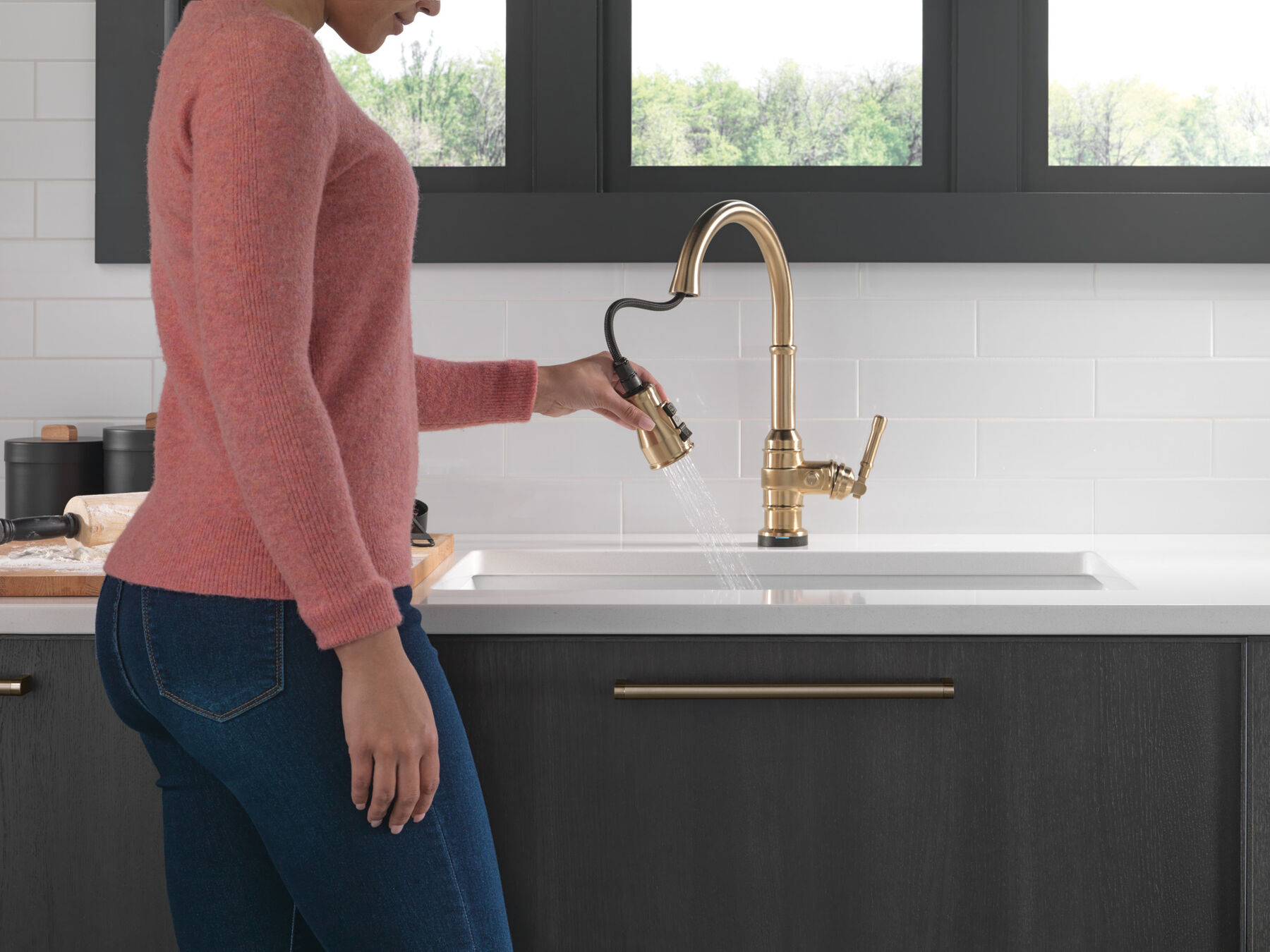 Led Kitchen Sink Faucet with Pull Down Sprayer Brass Single Handle