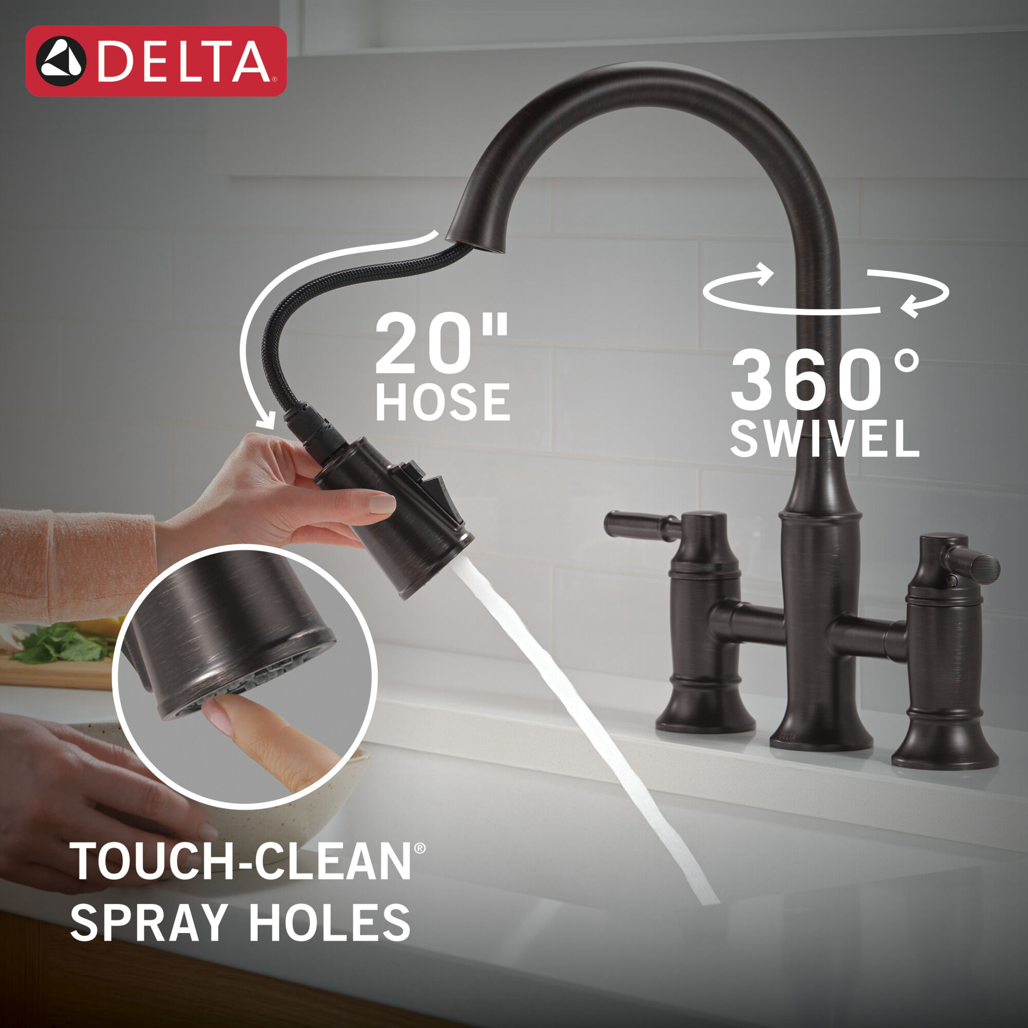 Two Handle Pull-Down Bridge Kitchen Faucet in Venetian Bronze