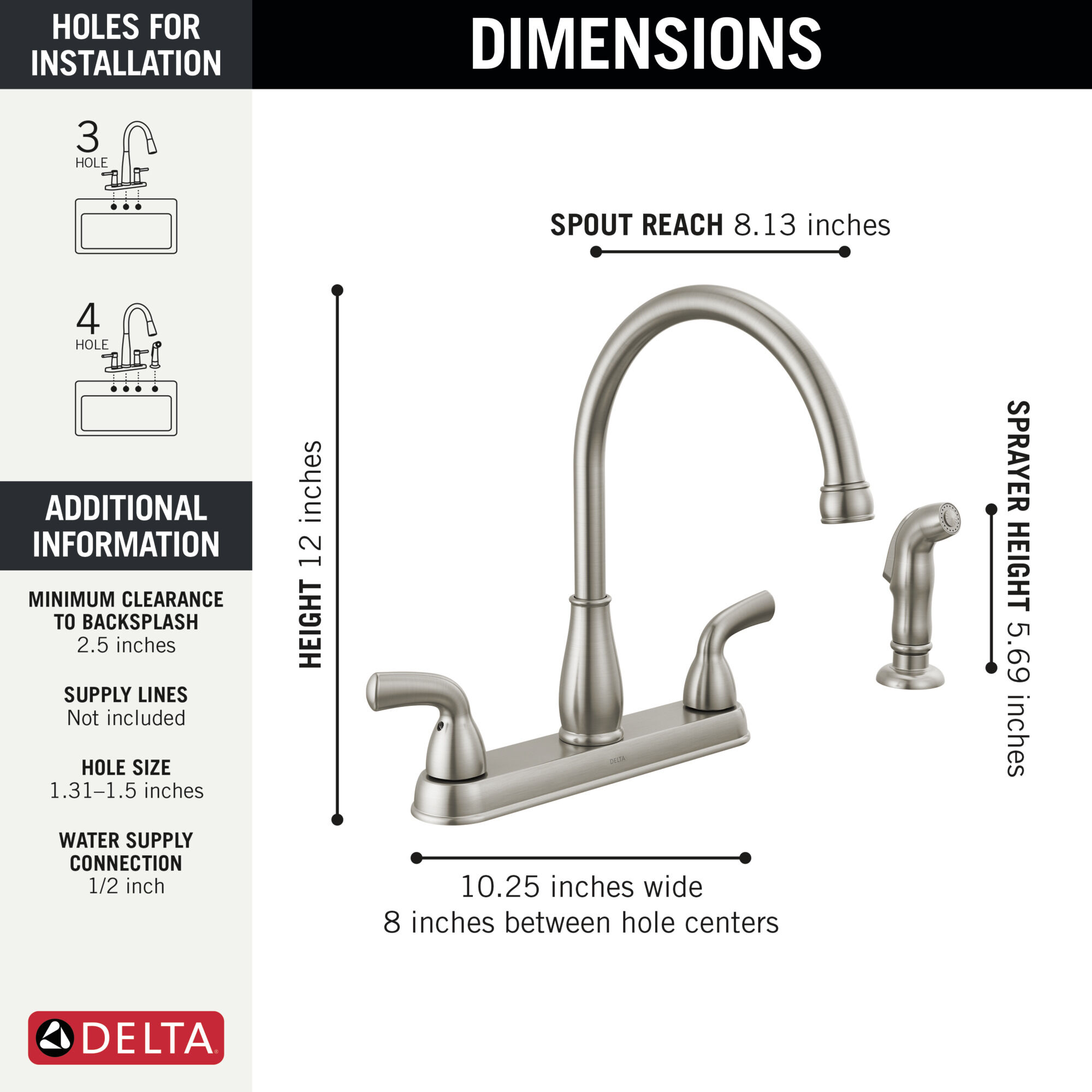 Two Handle Kitchen Faucet with Side Sprayer in Stainless B2418LF