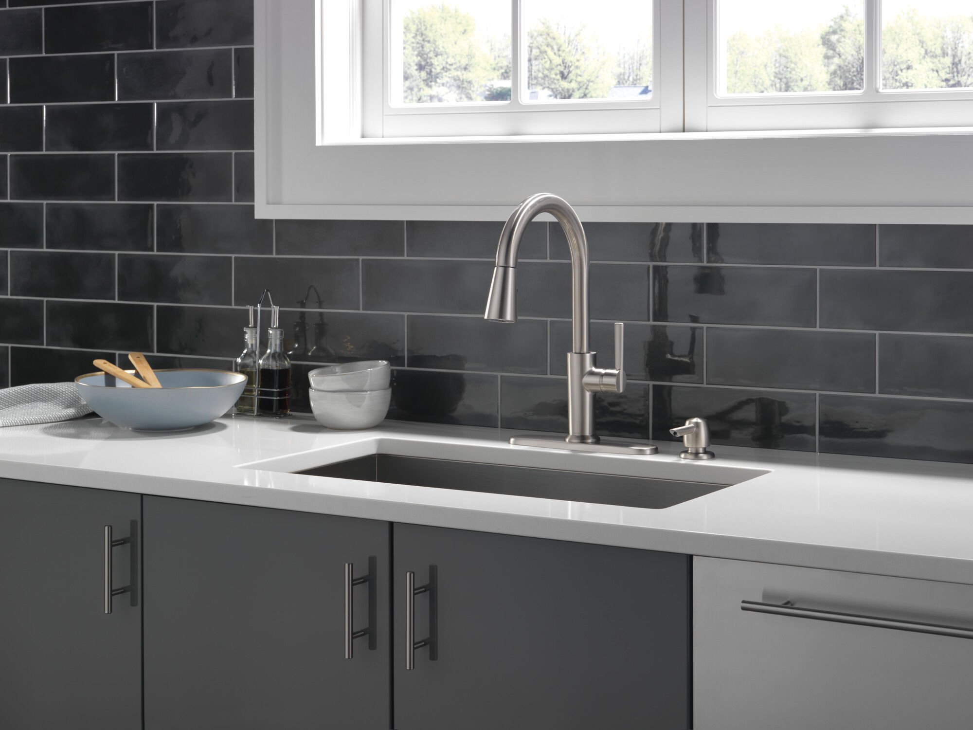 Single Handle Pull-Down Kitchen Faucet with Soap Dispenser and