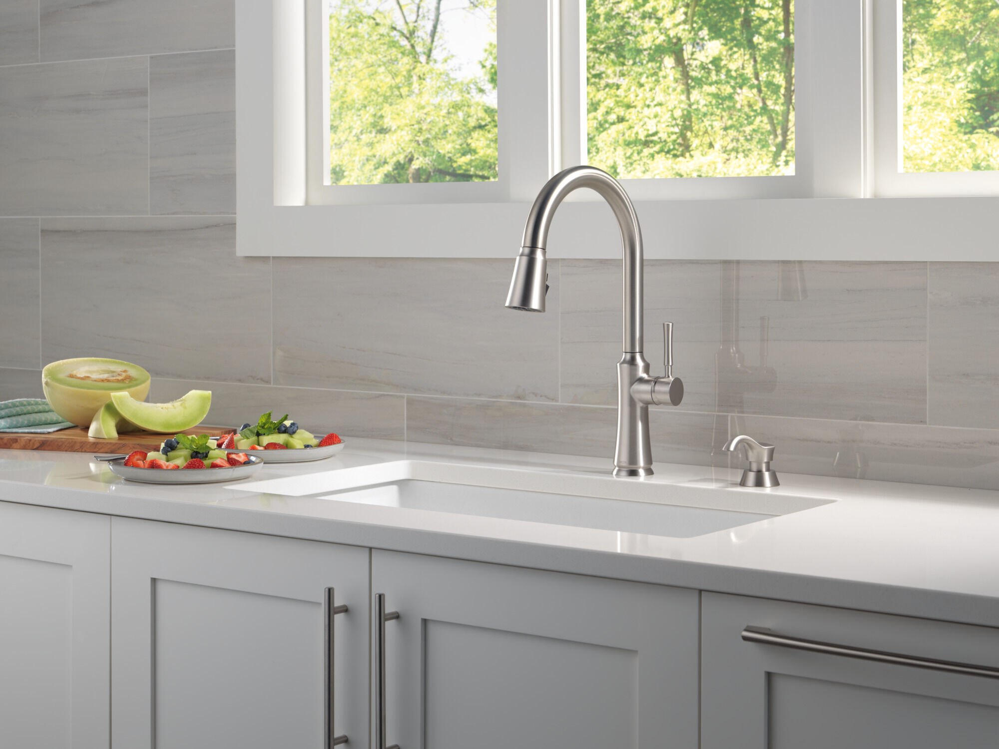 Single Handle Pull-Down Kitchen Faucet with Soap Dispenser and