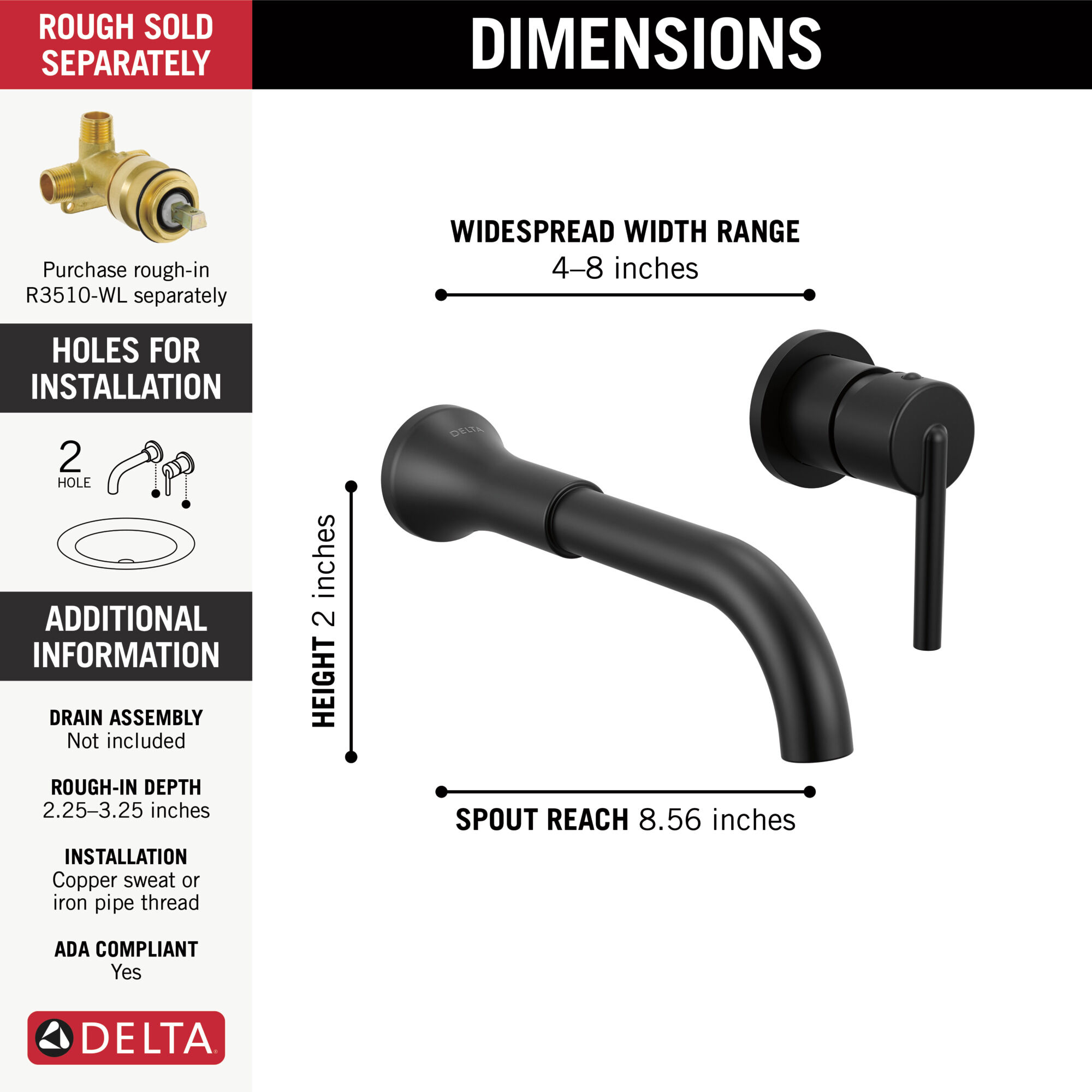 Single Handle Wall Mount Bathroom Faucet Trim in Matte Black