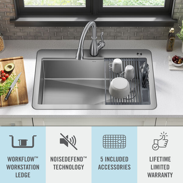 Displacement Husk Frugtbar 33” Workstation Kitchen Sink Drop-In Top Mount Stainless Steel Single Bowl  with WorkFlow™ Ledge and Accessories in Stainless Steel 95A932-33S-SS |  Delta Faucet