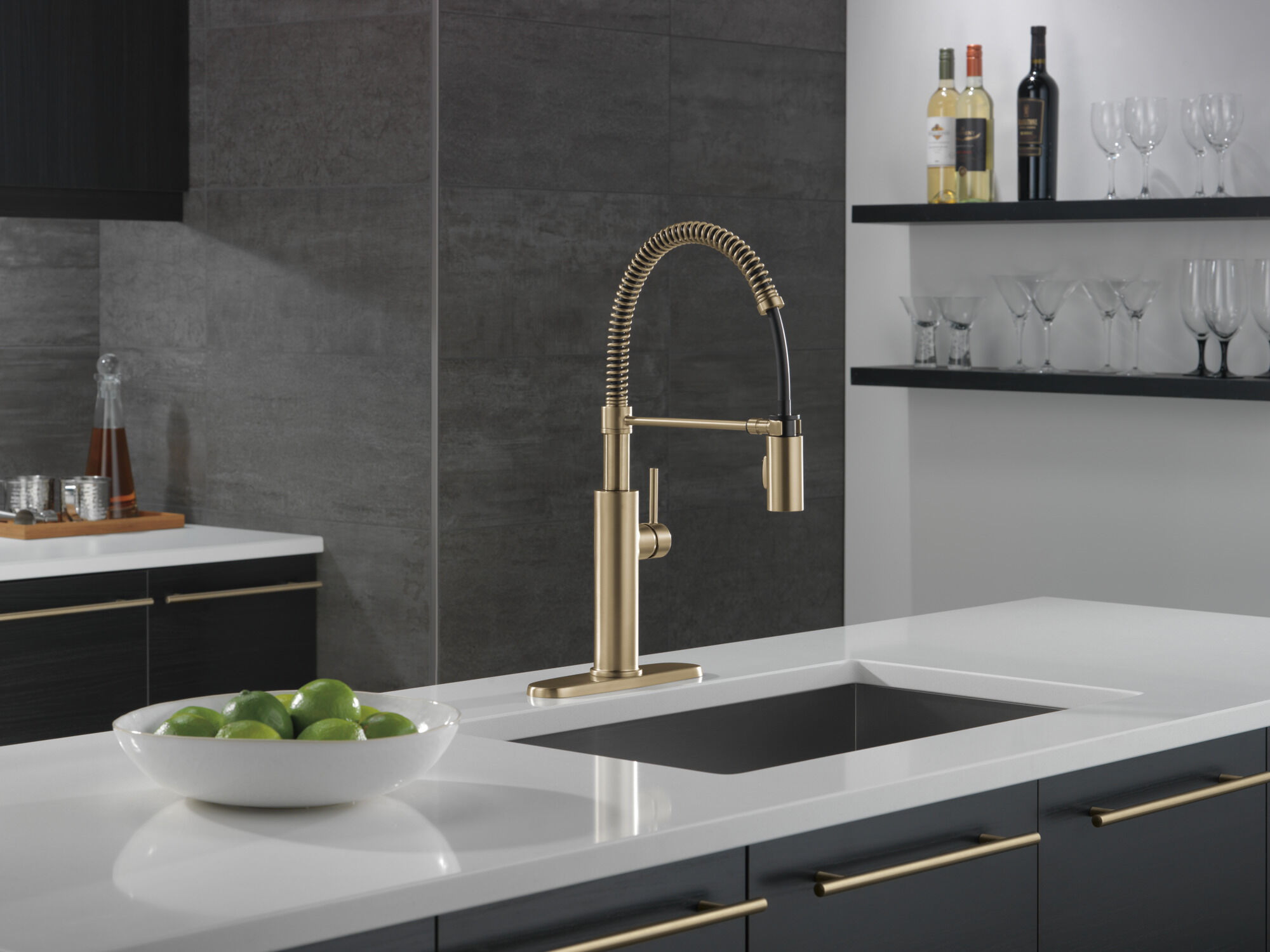 Single-Handle Pull-Down Spring Kitchen Faucet in Champagne Bronze