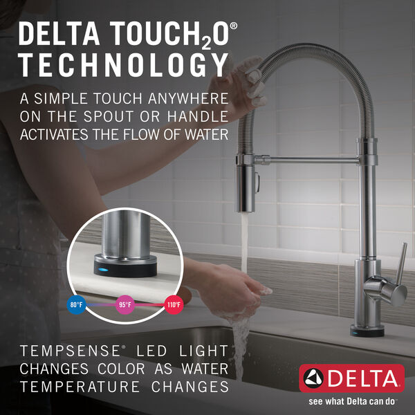 Single Handle Pull Down Spring Spout Kitchen Faucet With Touch2o Technology In Arctic Stainless 9659t Ar Dst Delta Faucet