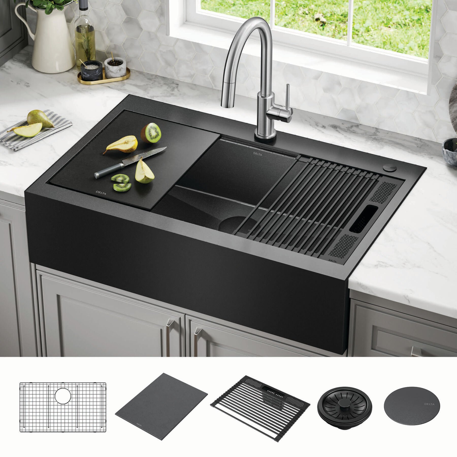 36” Retrofit Farmhouse Apron Front 16 Gauge Workstation Kitchen Sink Single  Bowl in with WorkFlow™ Ledge and Accessories for Top Mount Drop-In  Installation in PVD Gunmetal 95D9031-T36S-GS | Delta Faucet, image size:1800x1800