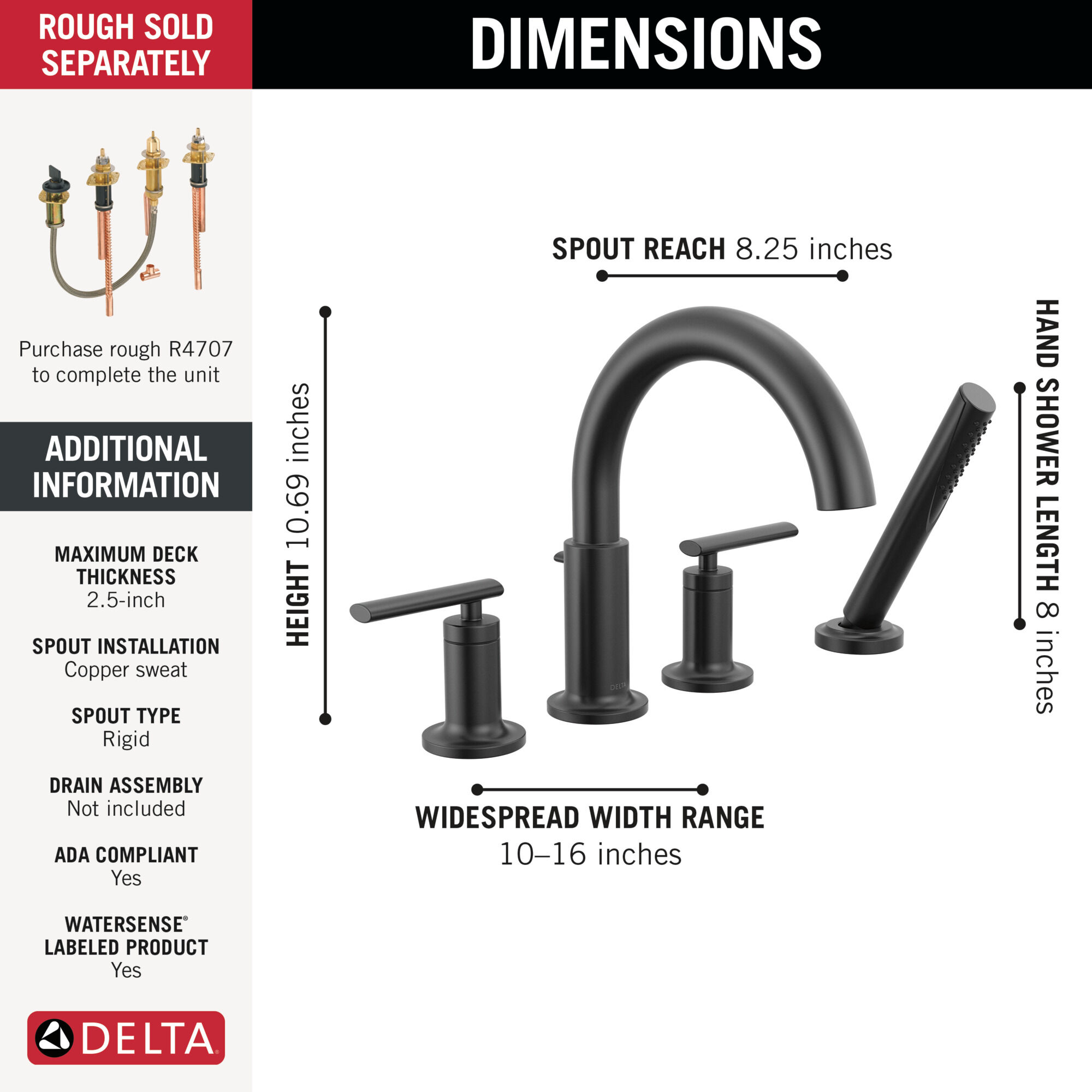 Roman Tub Trim with Hand Shower in Matte Black T4742-BL | Delta Faucet